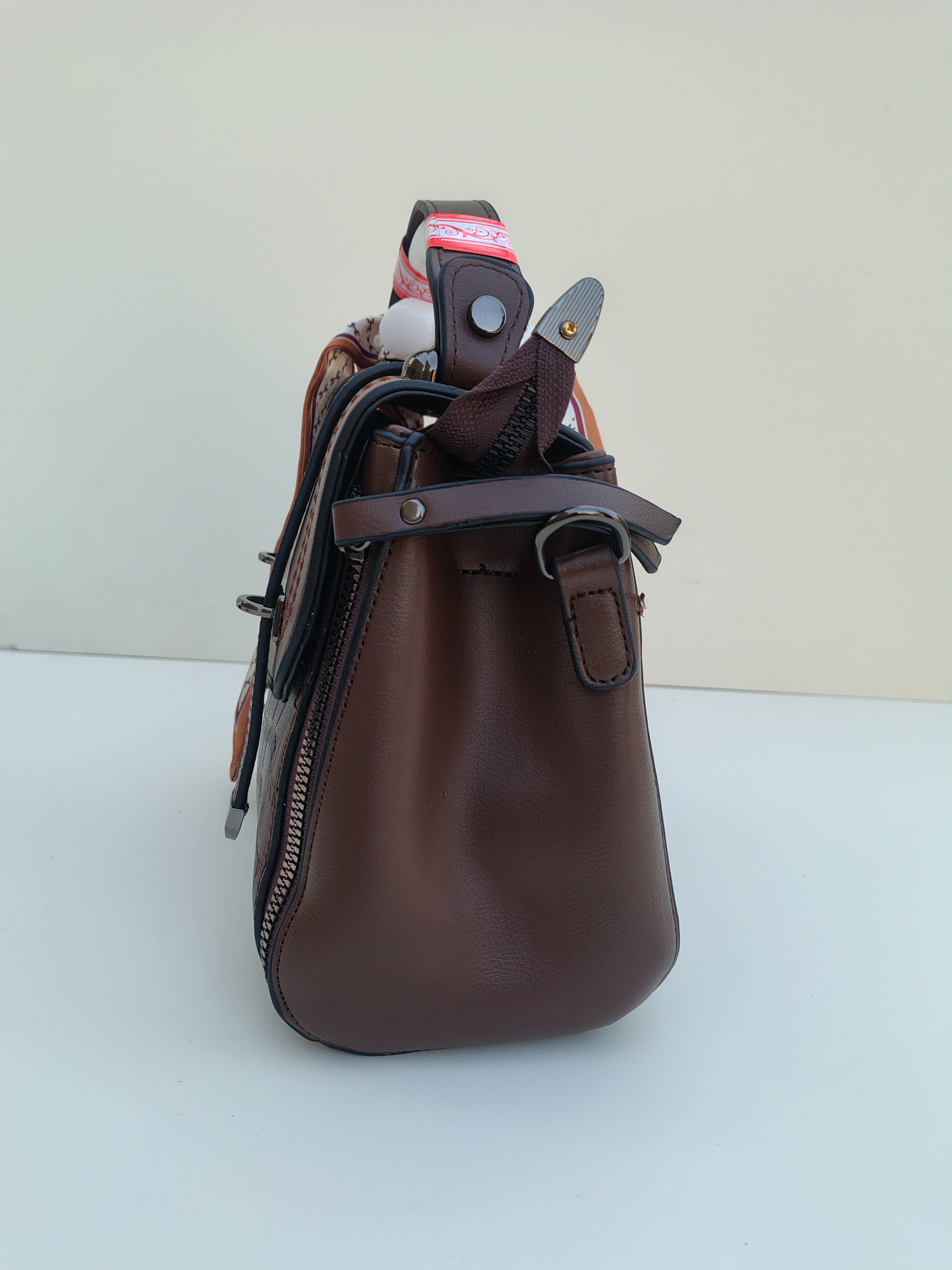 Chocolate Brown Structured Handbag with Scarf – Croc Texture Accent