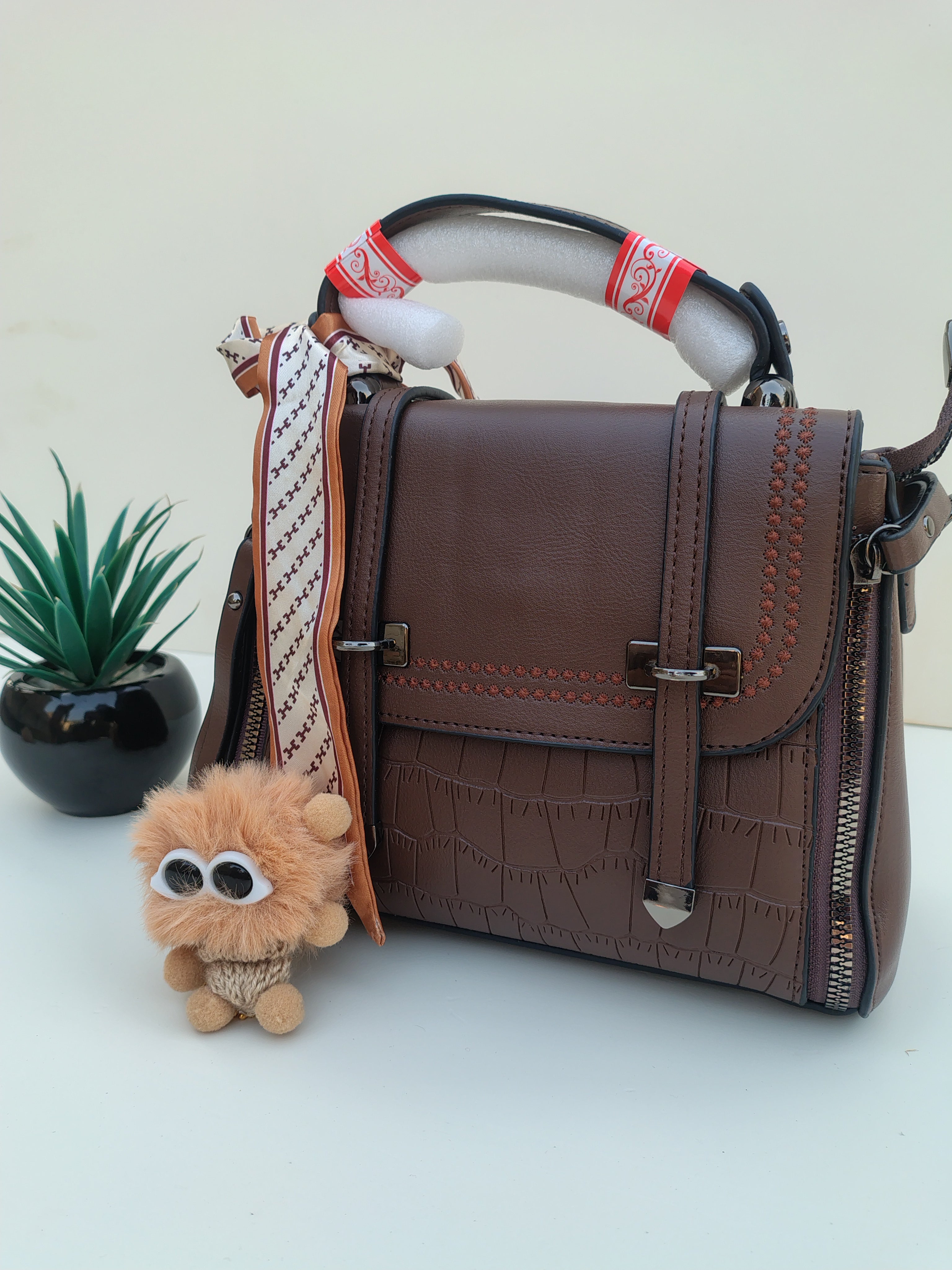 Chocolate Brown Structured Handbag with Scarf – Croc Texture Accent