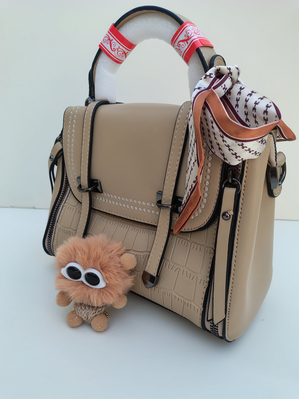 Beige Structured Handbag with Printed Scarf – Croc Texture Finish