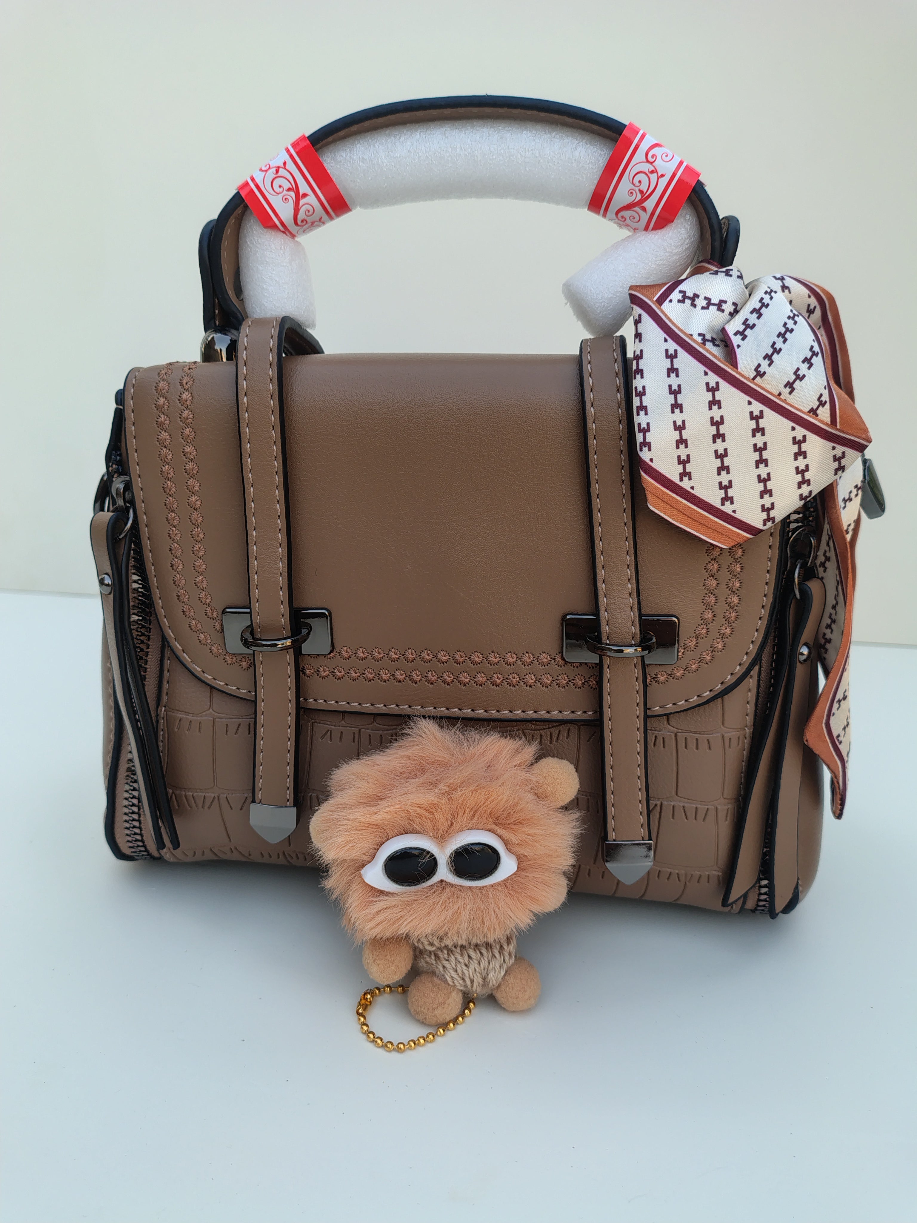 Mocha Brown Structured Handbag with Printed Scarf – Croc Texture Finish