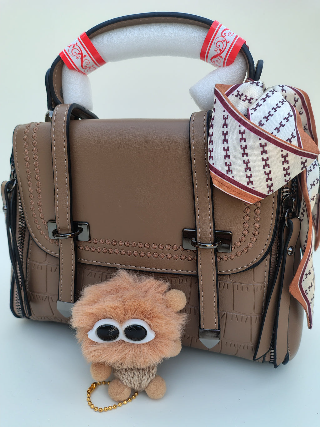 Mocha Brown Structured Handbag with Printed Scarf – Croc Texture Finish