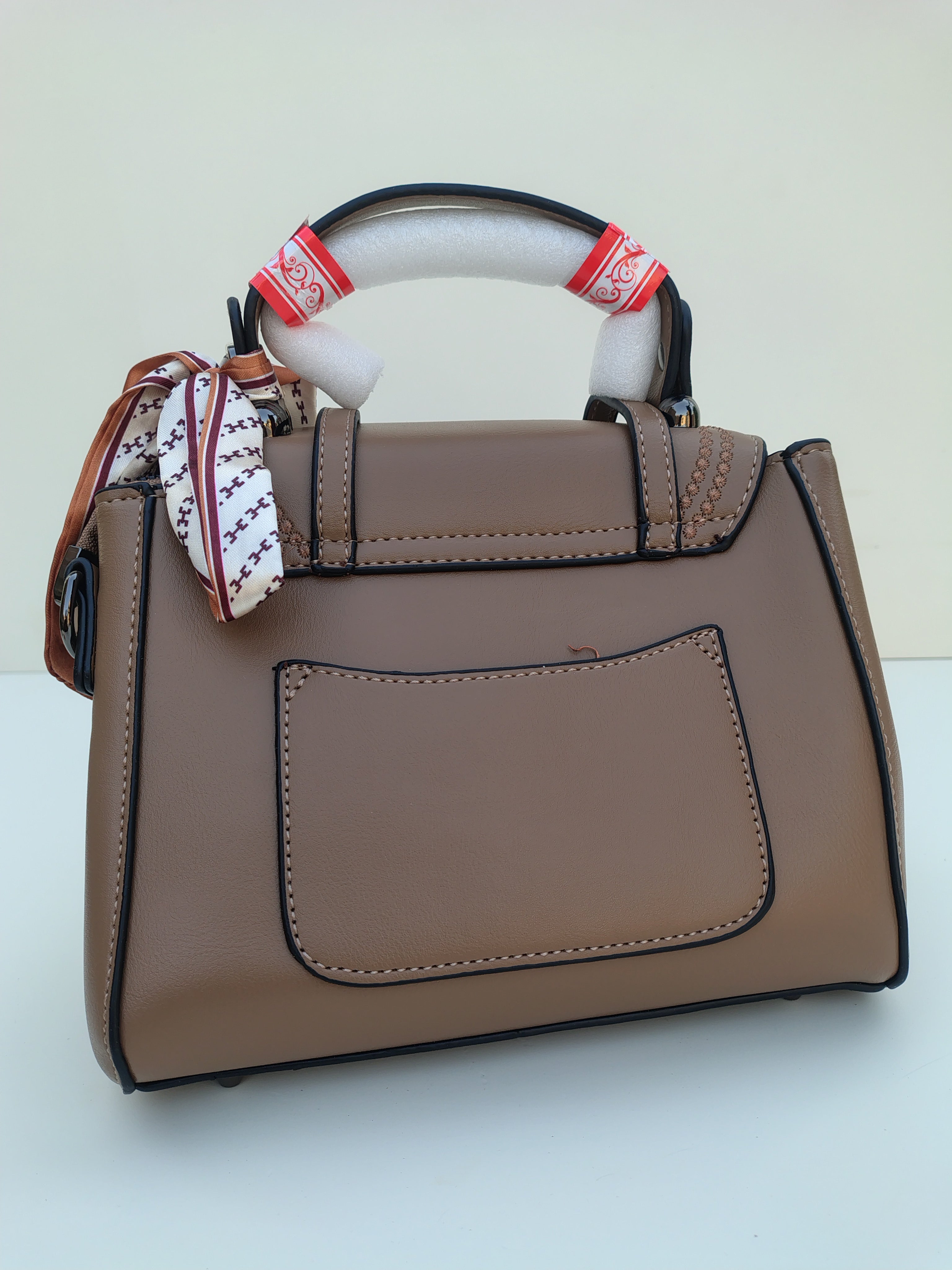 Mocha Brown Structured Handbag with Printed Scarf – Croc Texture Finish