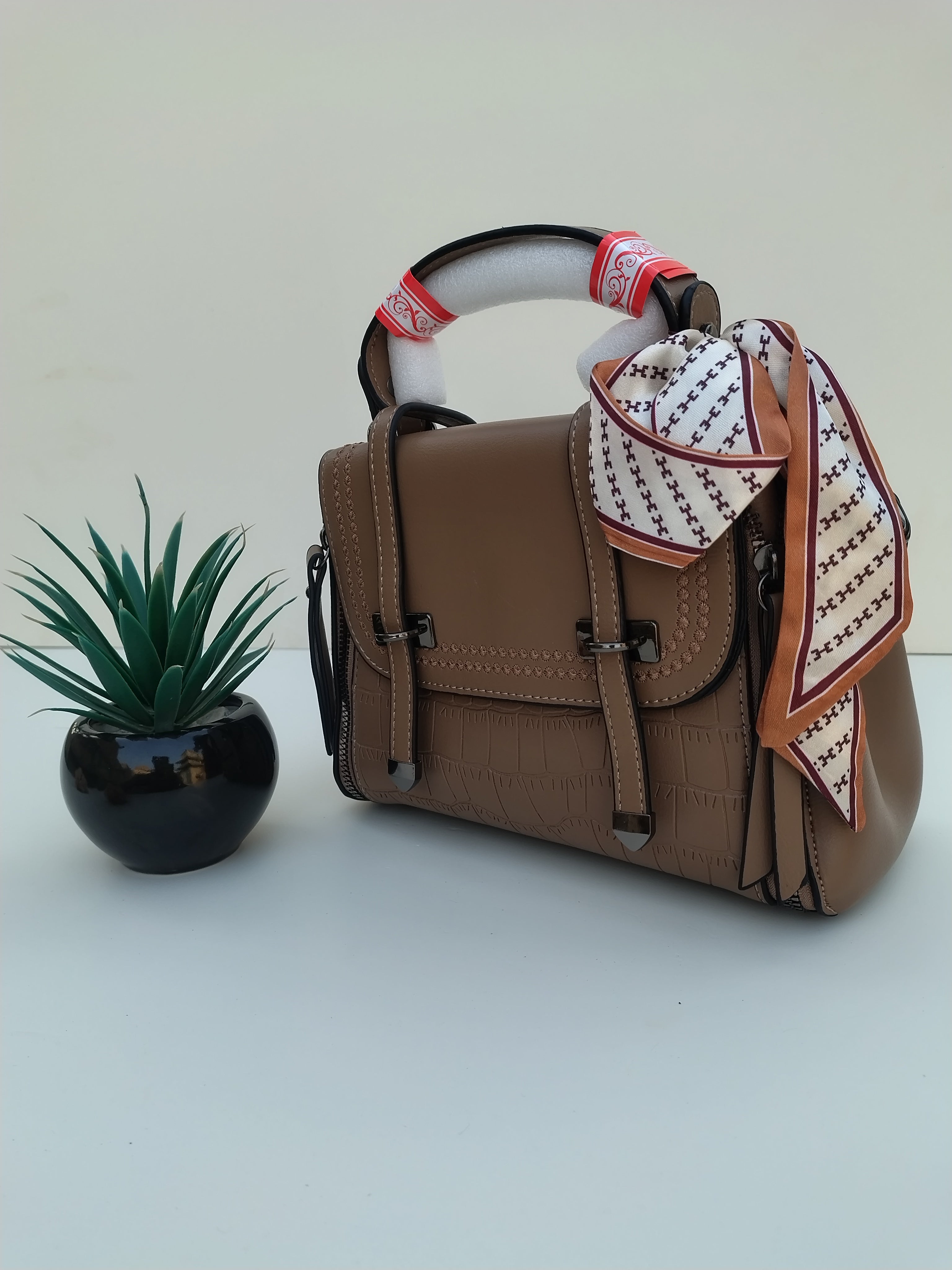 Mocha Brown Structured Handbag with Printed Scarf – Croc Texture Finish