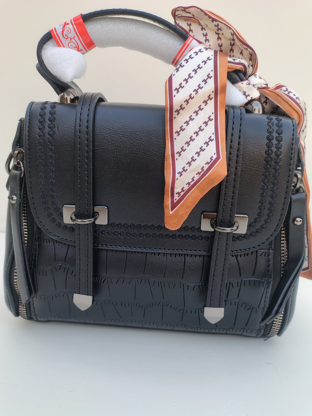 Black Structured Handbag with Printed Scarf – Croc Texture Finish