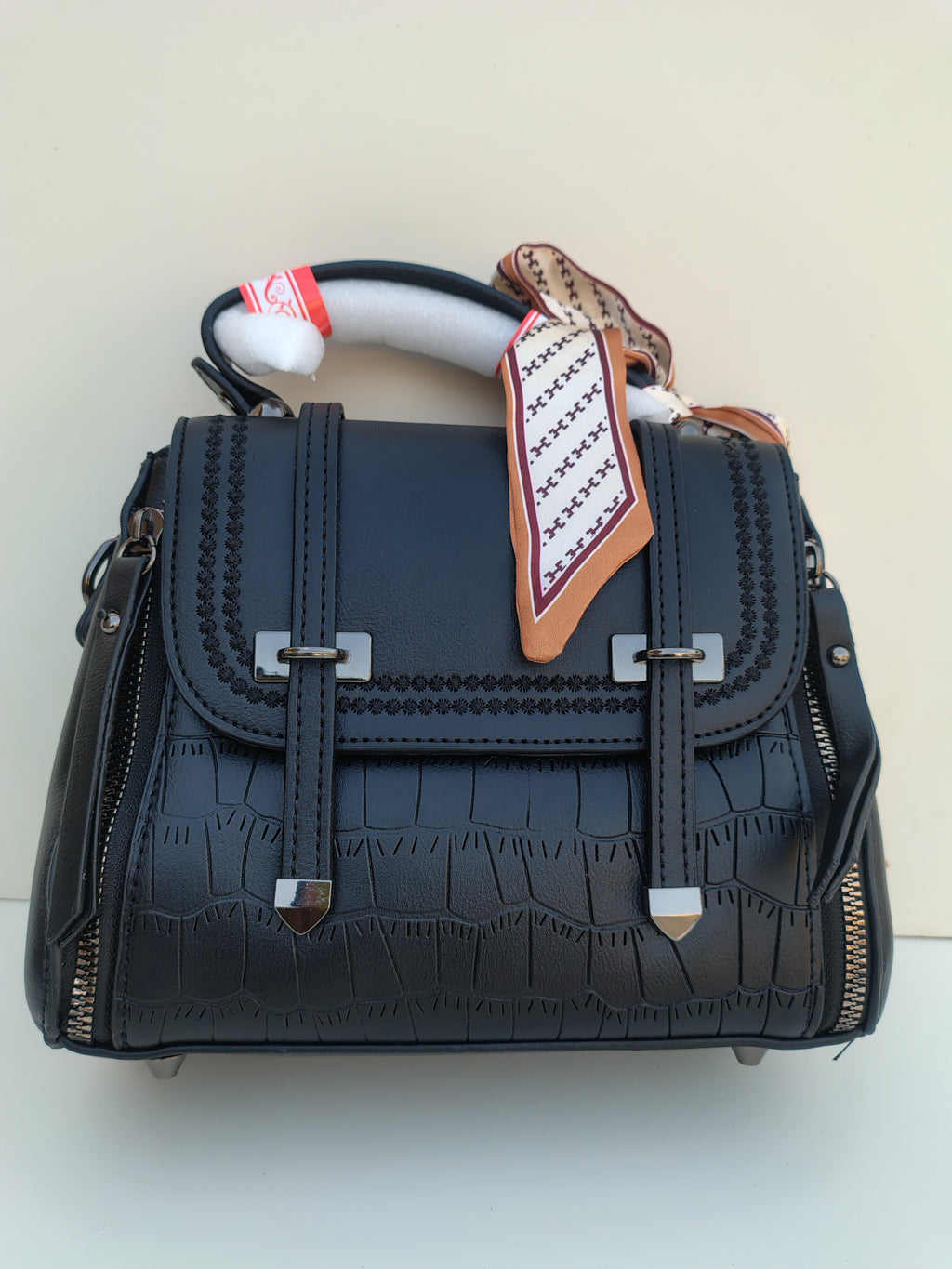 Black Structured Handbag with Printed Scarf – Croc Texture Finish