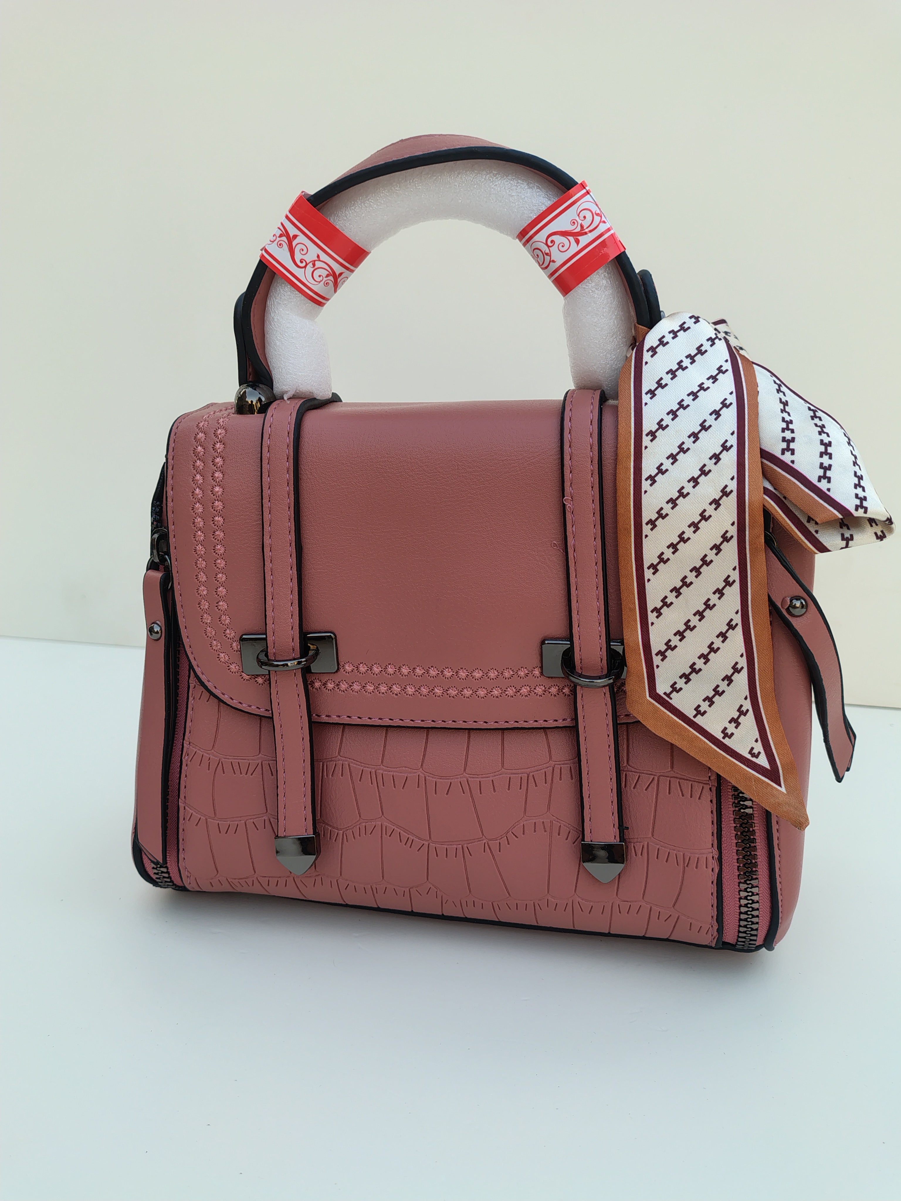 Rose Pink Structured Handbag with Printed Scarf – Croc Texture Finish