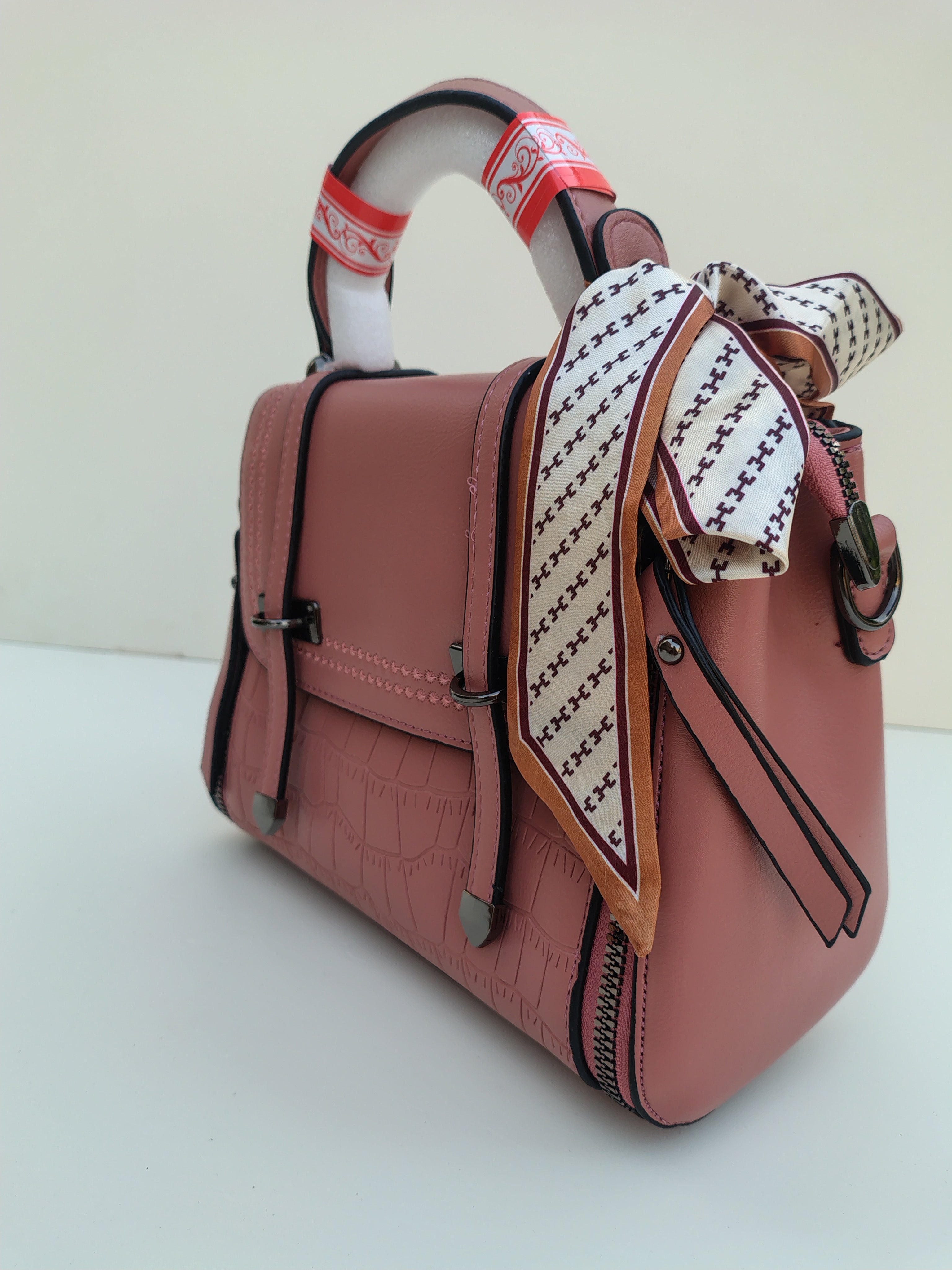 Rose Pink Structured Handbag with Printed Scarf – Croc Texture Finish