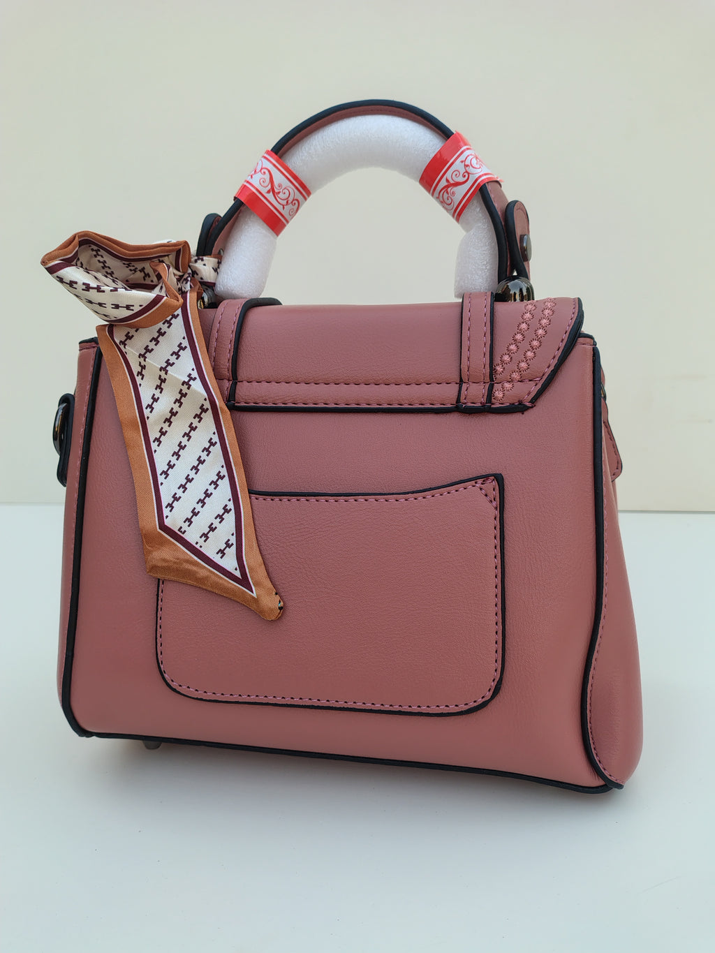 Rose Pink Structured Handbag with Printed Scarf – Croc Texture Finish