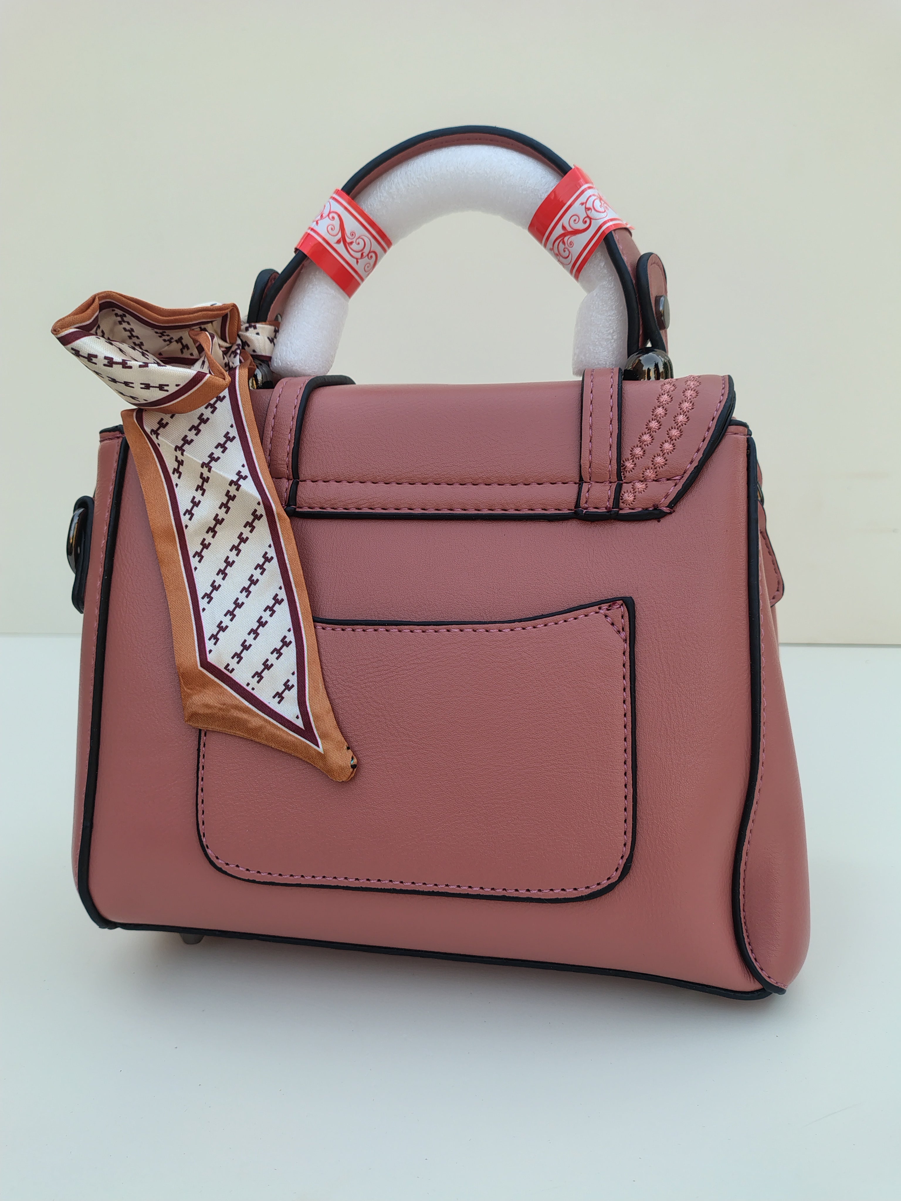 Rose Pink Structured Handbag with Printed Scarf – Croc Texture Finish