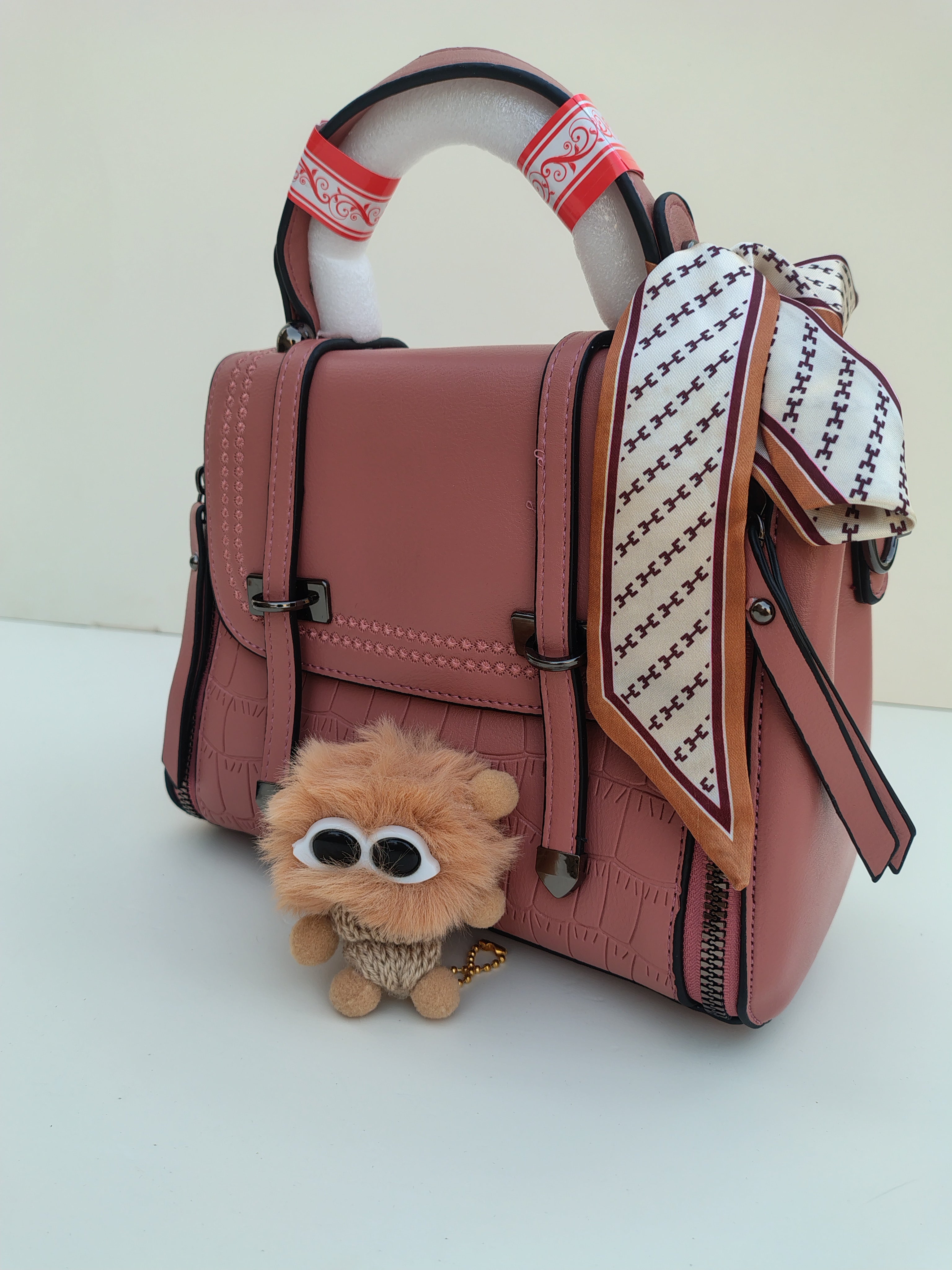 Rose Pink Structured Handbag with Printed Scarf – Croc Texture Finish