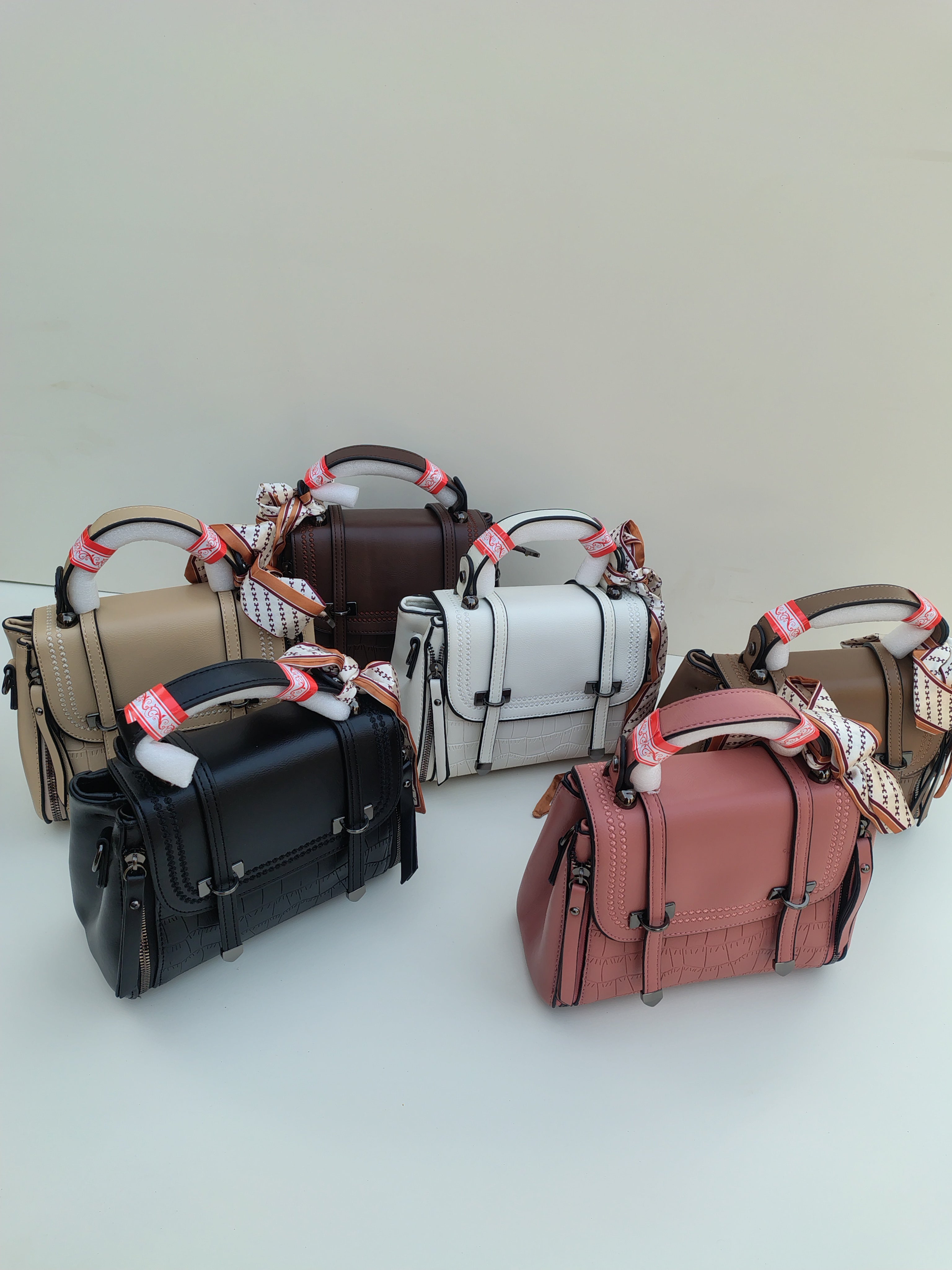 Rose Pink Structured Handbag with Printed Scarf – Croc Texture Finish