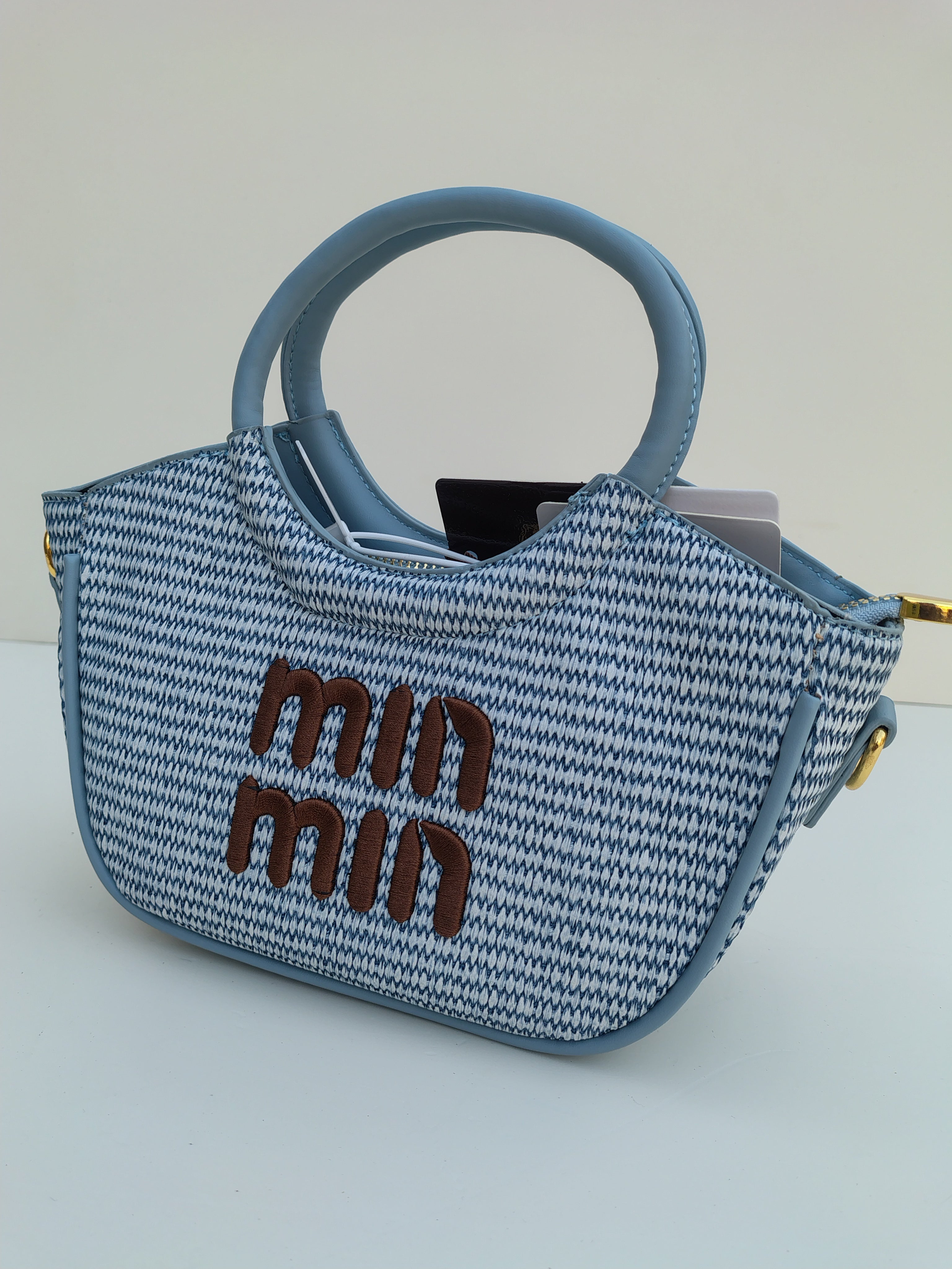 Min Min Woven Handbag – Sky Blue with Brown Embroidery