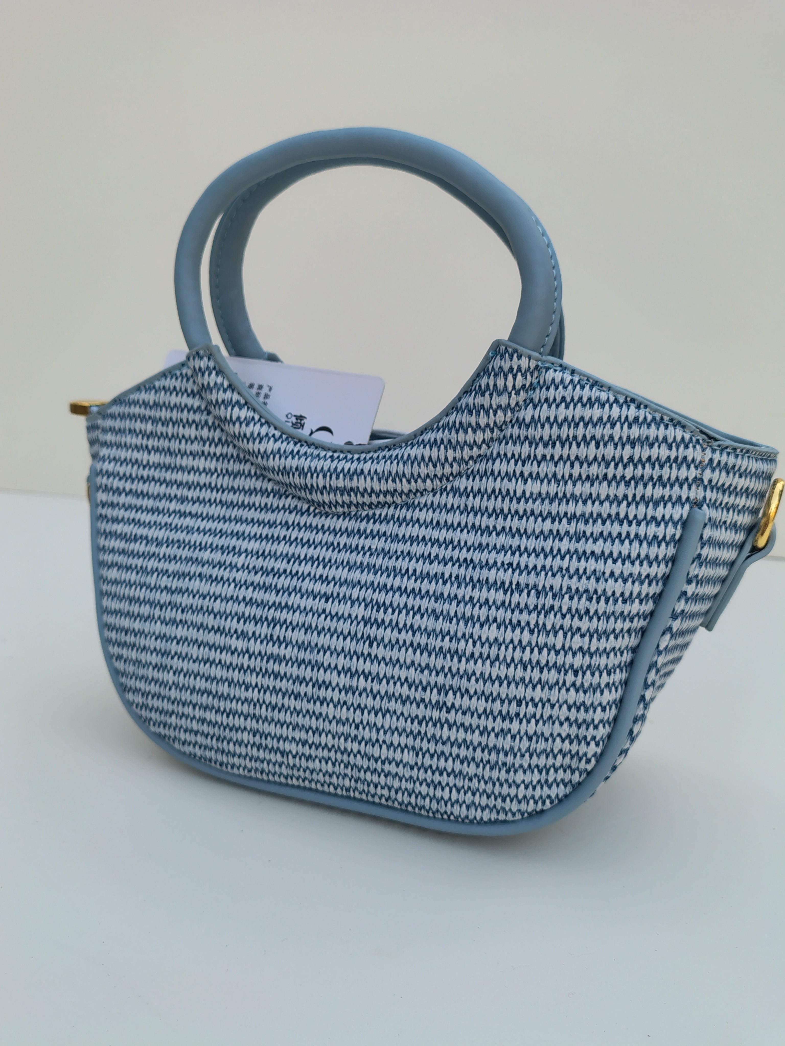 Min Min Woven Handbag – Sky Blue with Brown Embroidery