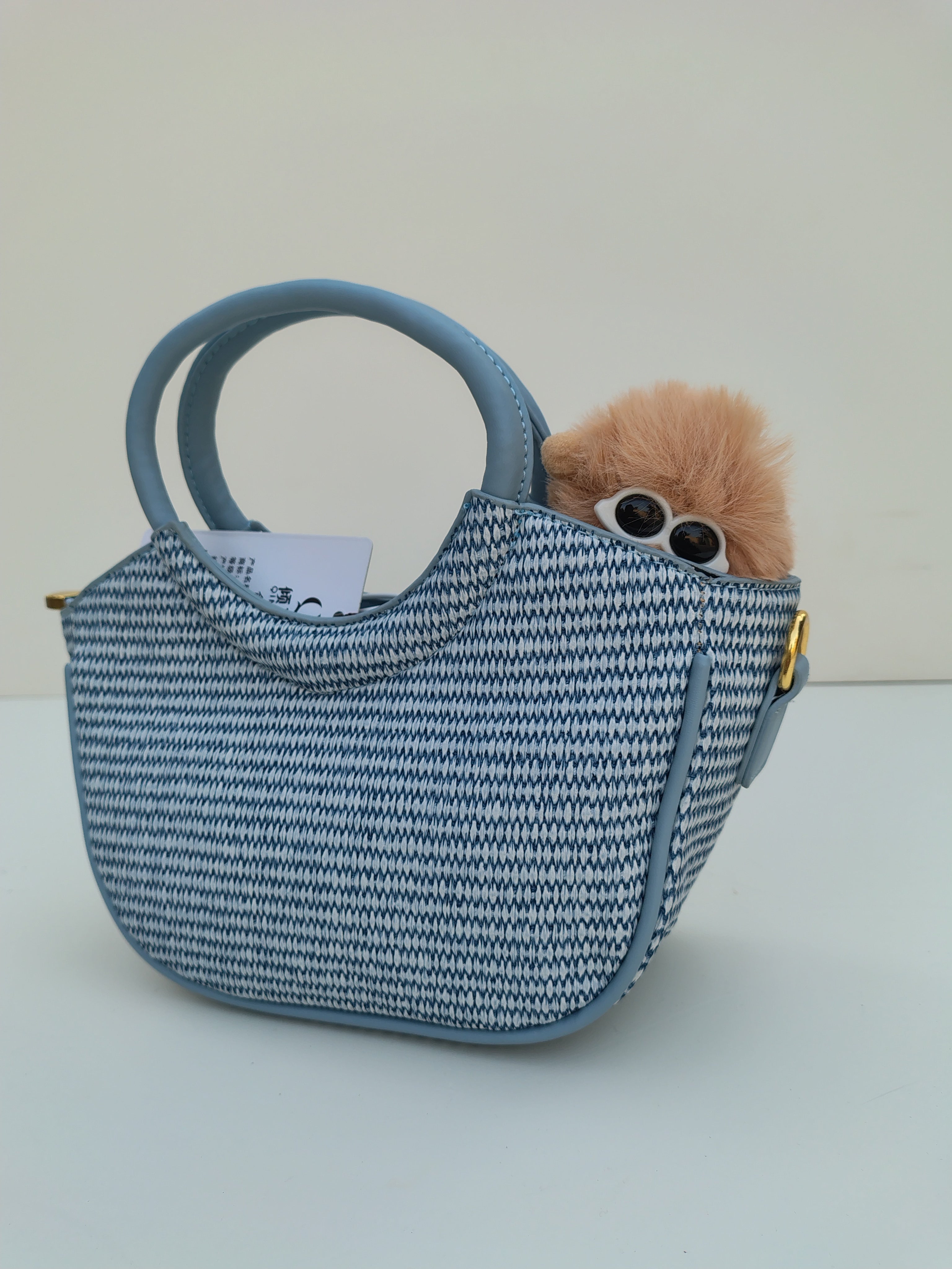Min Min Woven Handbag – Sky Blue with Brown Embroidery