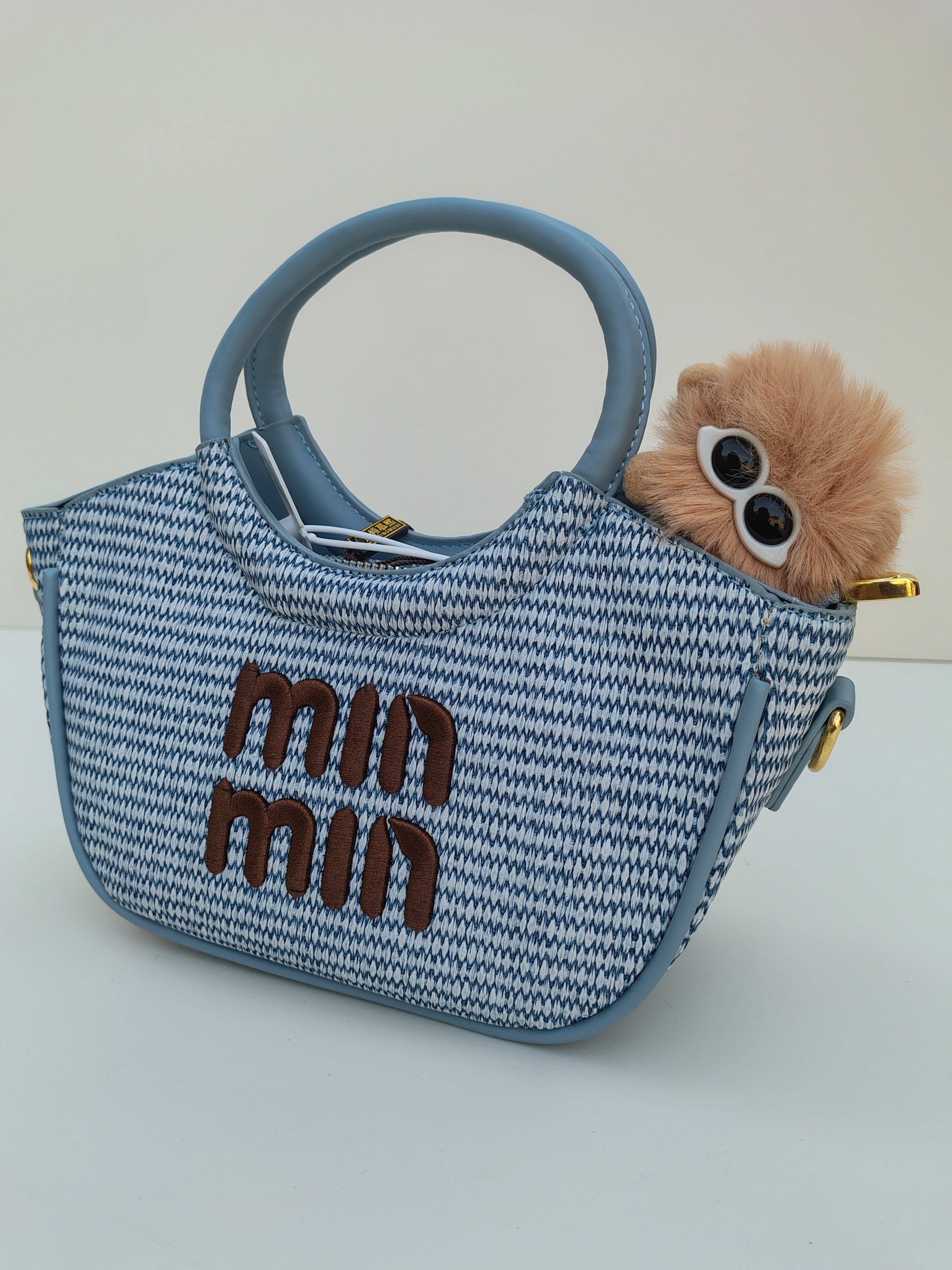 Min Min Woven Handbag – Sky Blue with Brown Embroidery