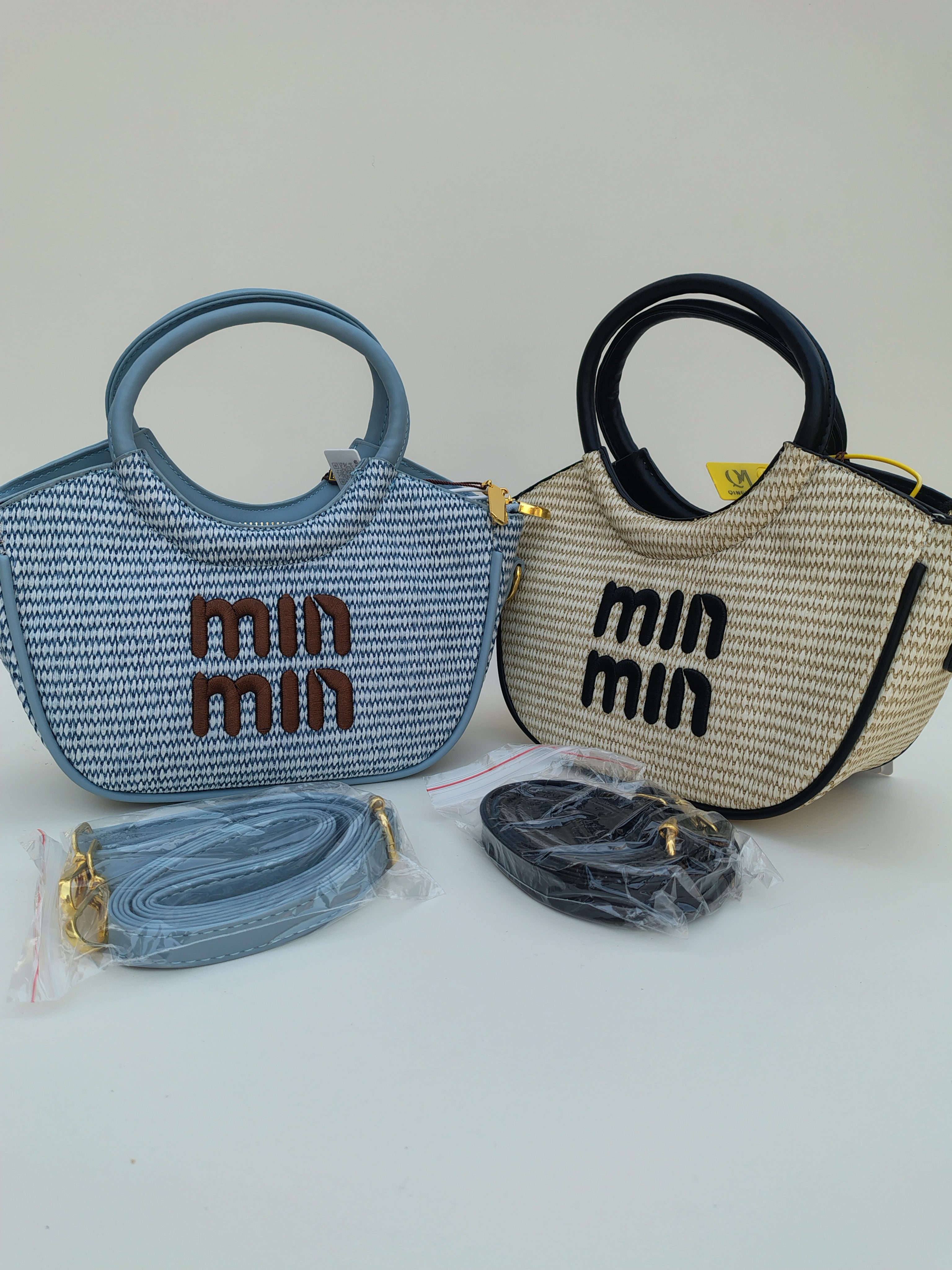 Min Min Woven Handbag – Sky Blue with Brown Embroidery