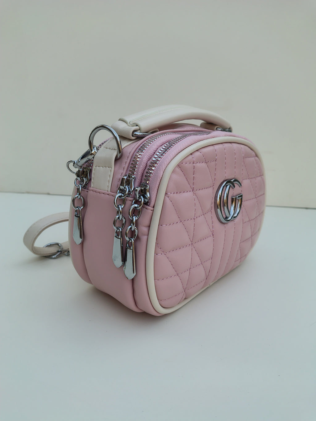 Quilted Pink Mini Handbag – Luxury Chain Design with Silver Logo
