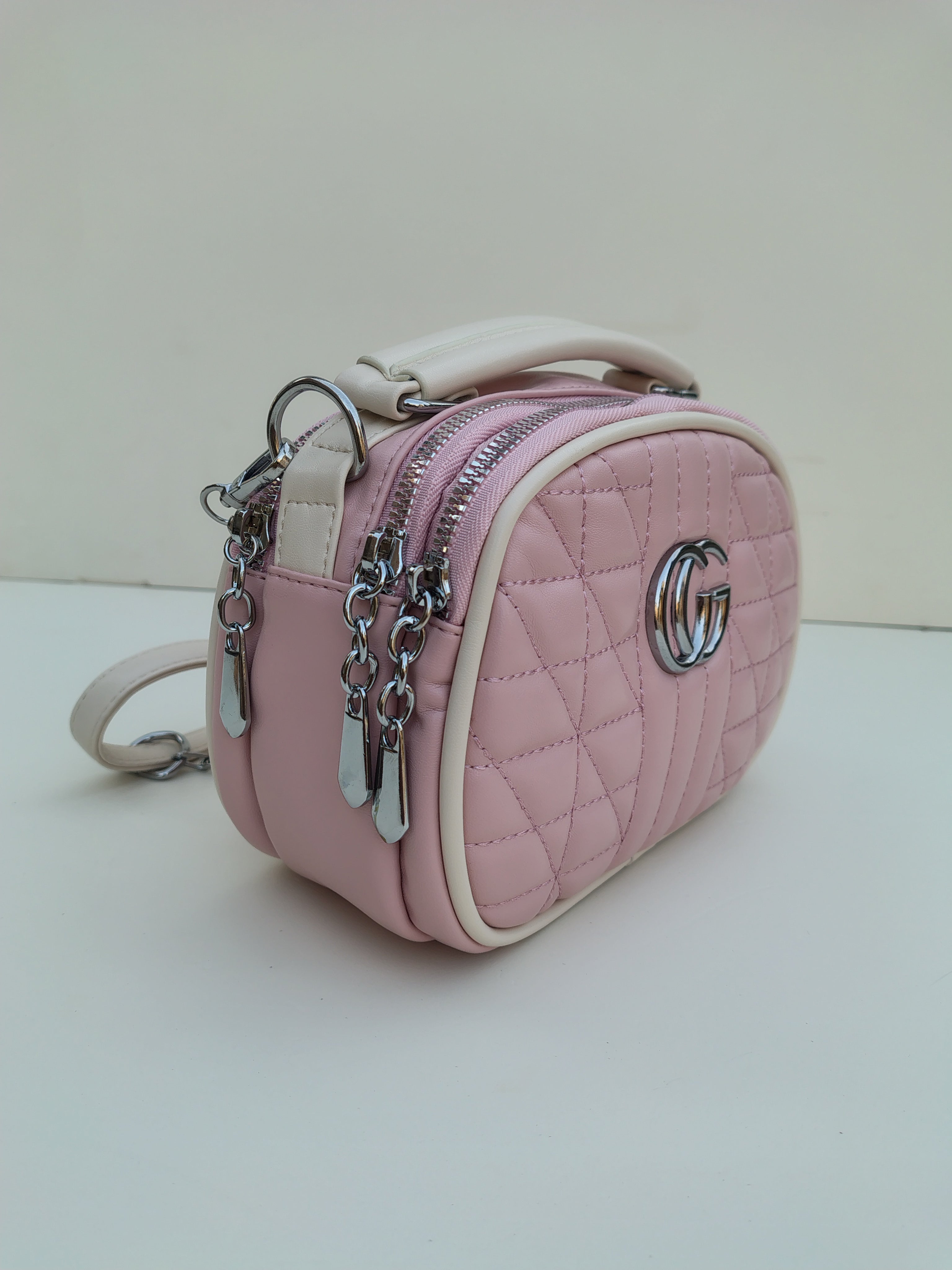 Quilted Pink Mini Handbag – Luxury Chain Design with Silver Logo