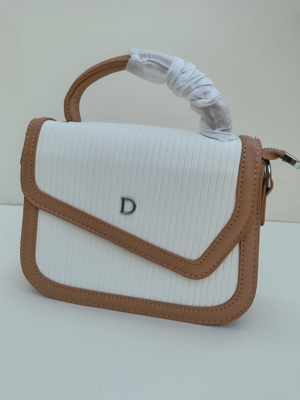 White & Tan “D” Handbag with Colorful Scarf – Asymmetric Flap Design