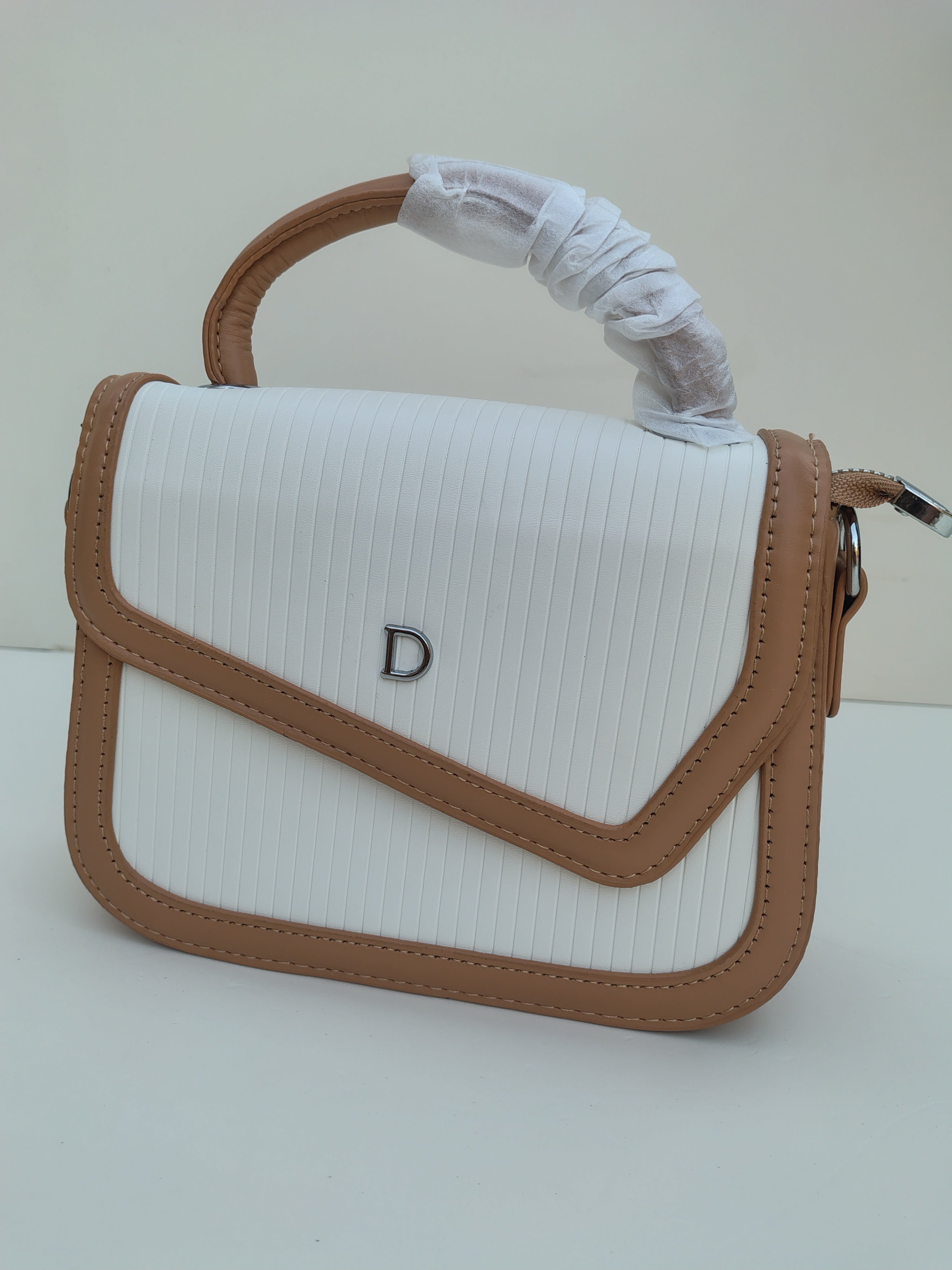 White & Tan “D” Handbag with Colorful Scarf – Asymmetric Flap Design