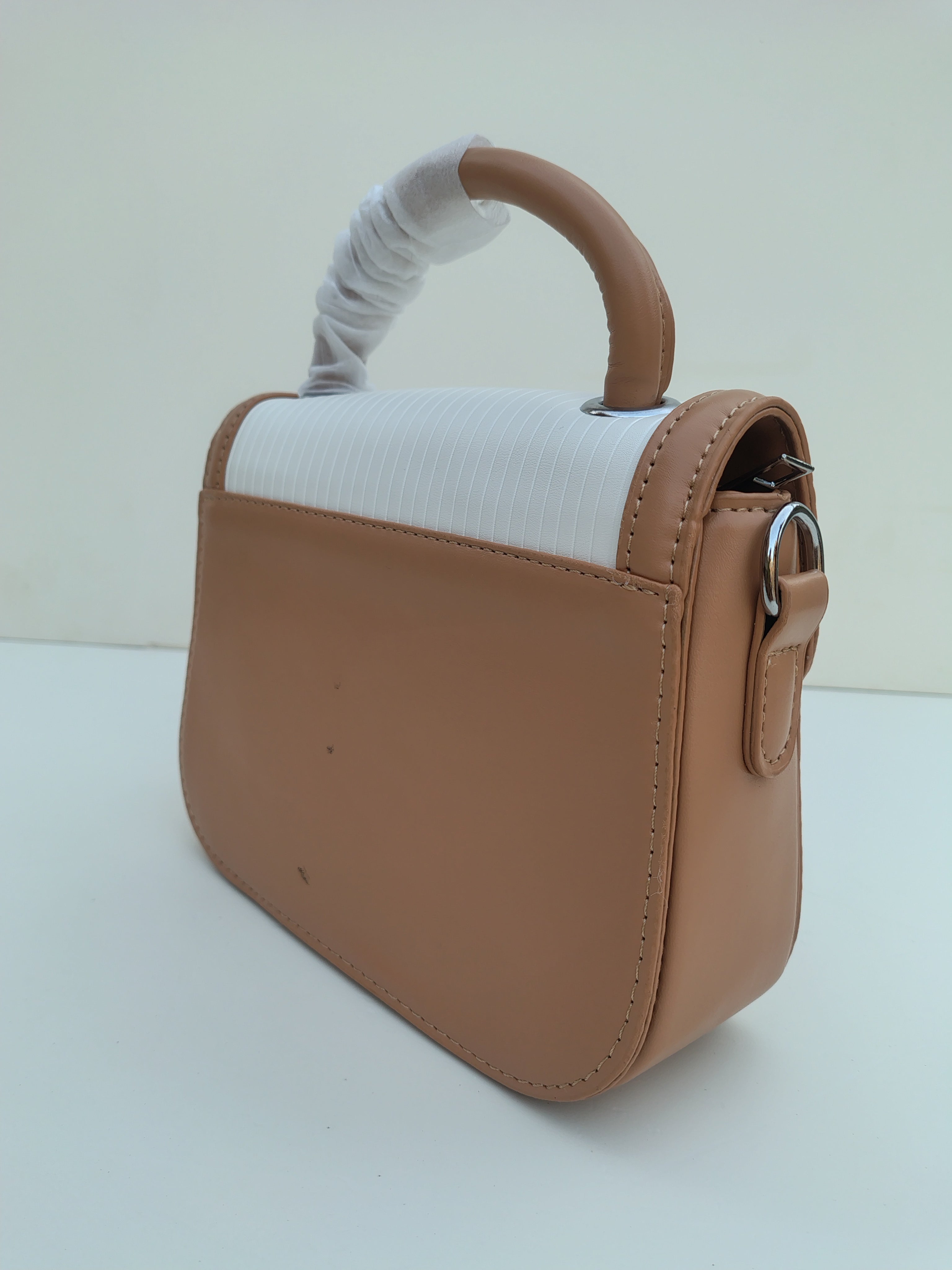 White & Tan “D” Handbag with Colorful Scarf – Asymmetric Flap Design