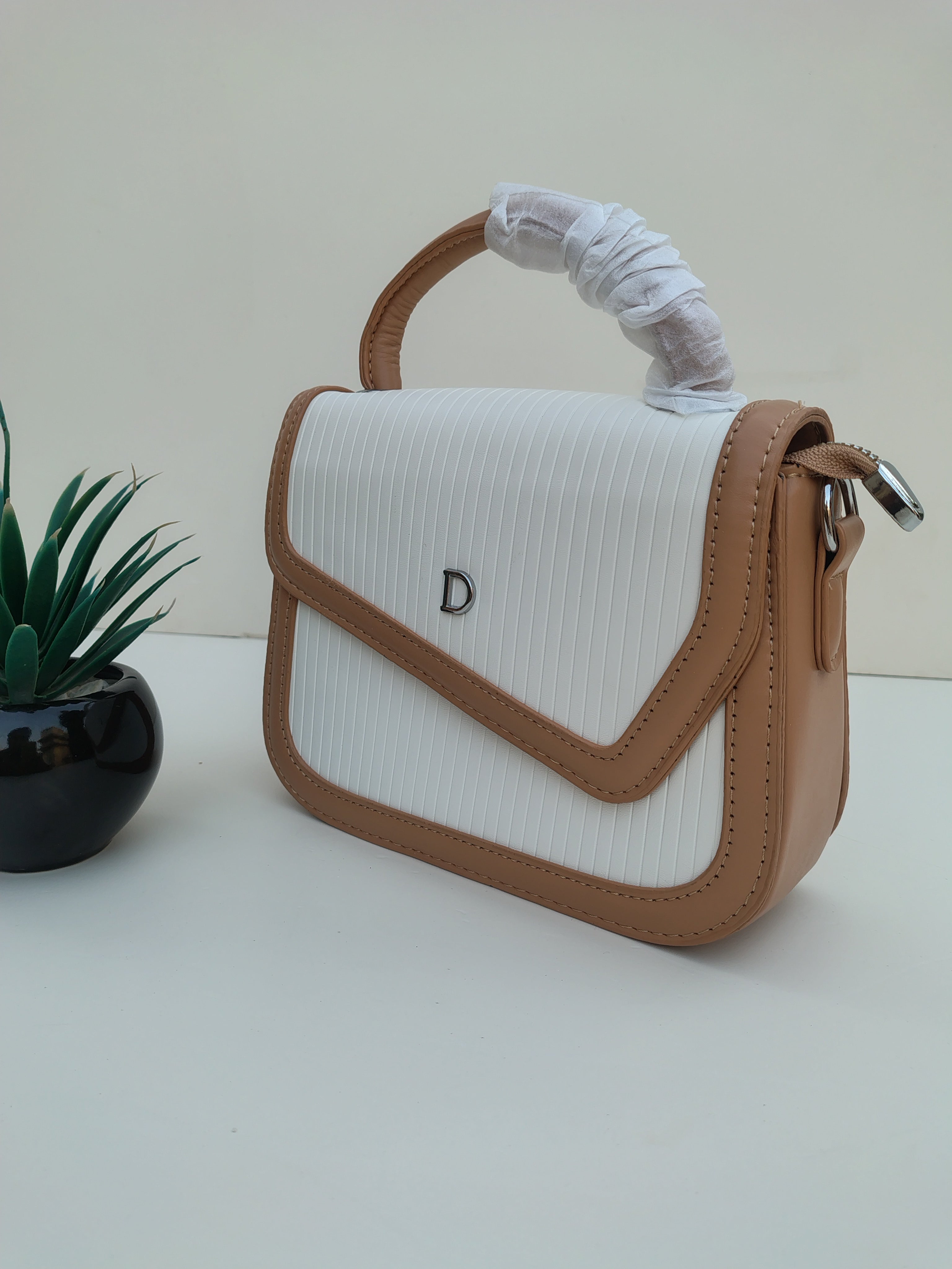White & Tan “D” Handbag with Colorful Scarf – Asymmetric Flap Design