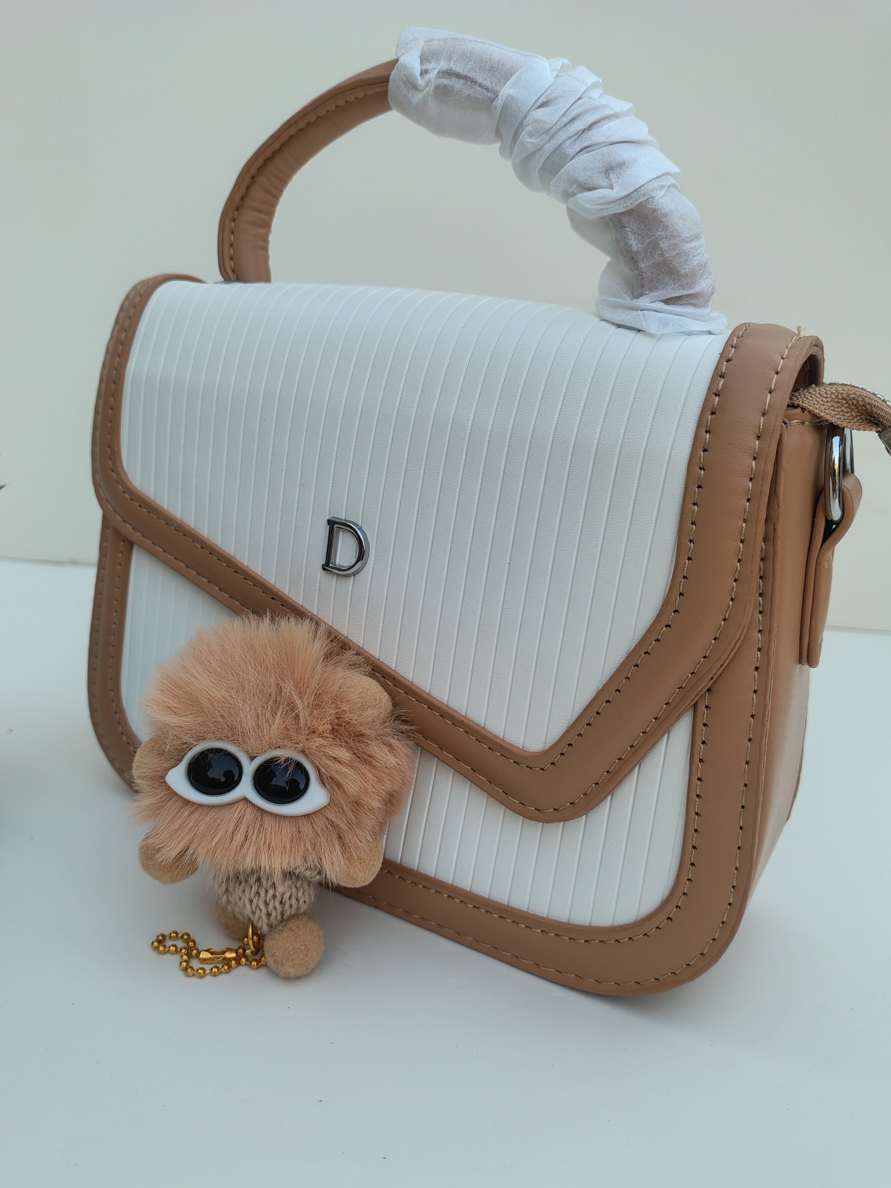 White & Tan “D” Handbag with Colorful Scarf – Asymmetric Flap Design