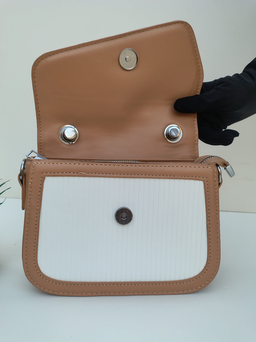 White & Tan “D” Handbag with Colorful Scarf – Asymmetric Flap Design
