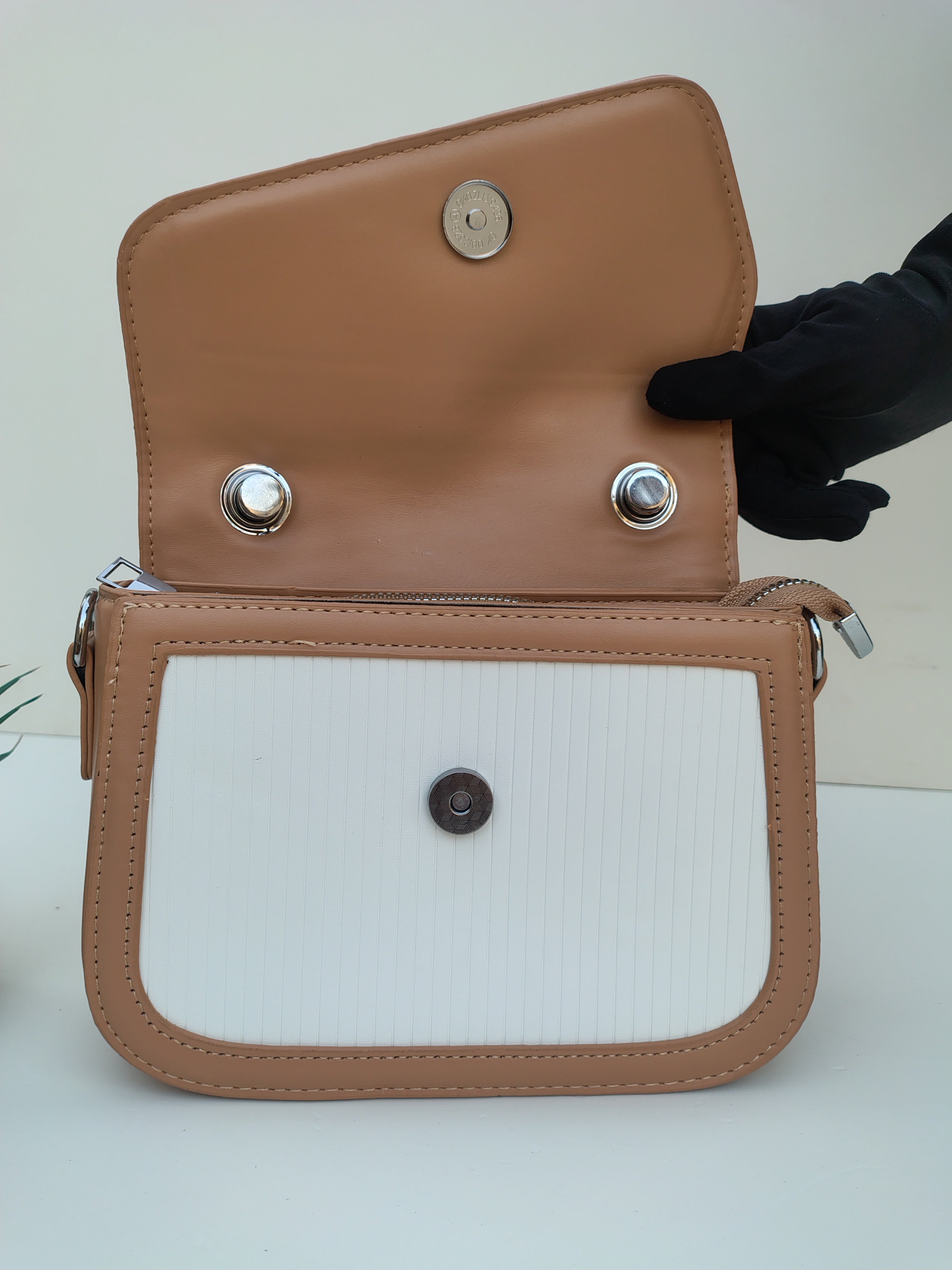 White & Tan “D” Handbag with Colorful Scarf – Asymmetric Flap Design