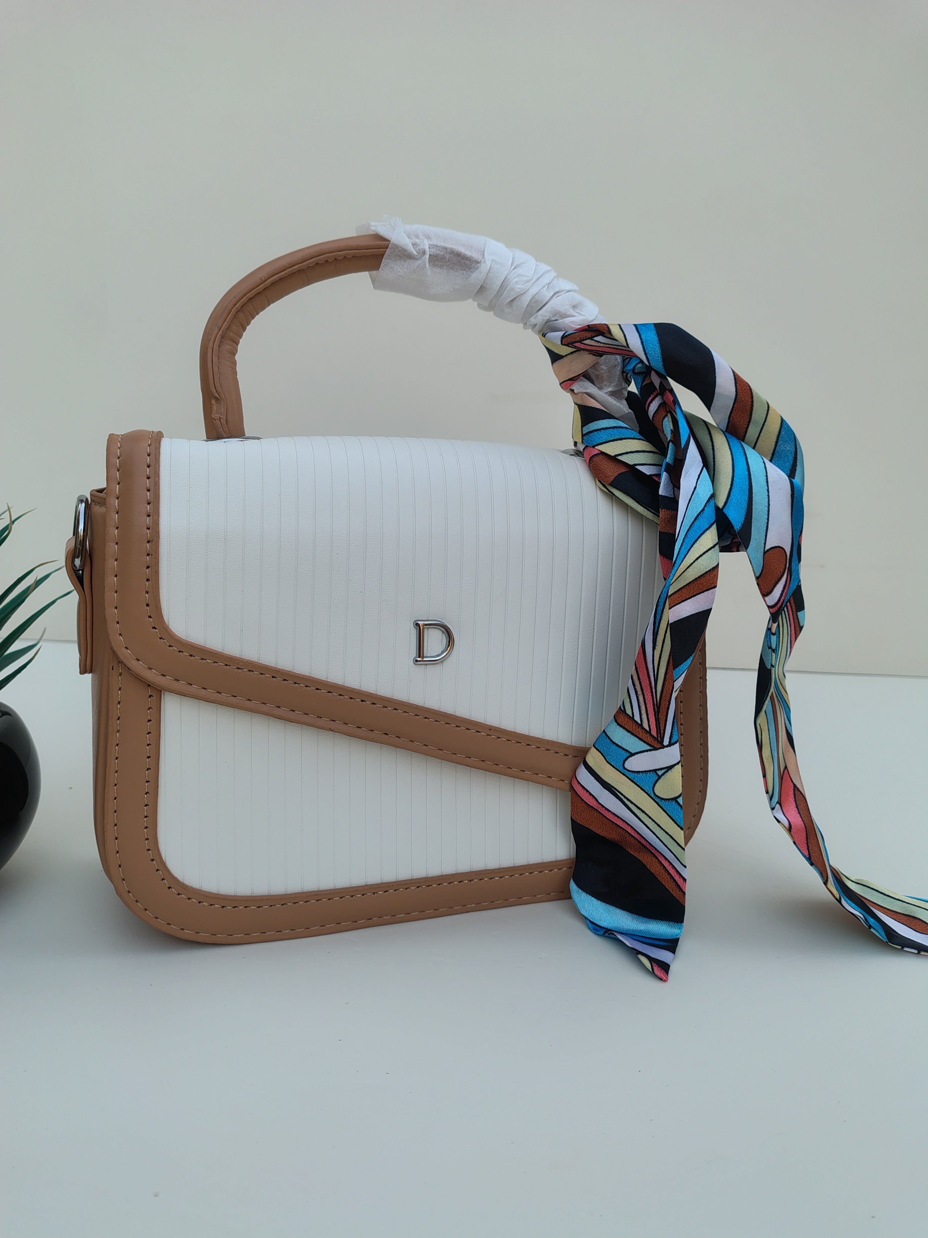 White & Tan “D” Handbag with Colorful Scarf – Asymmetric Flap Design