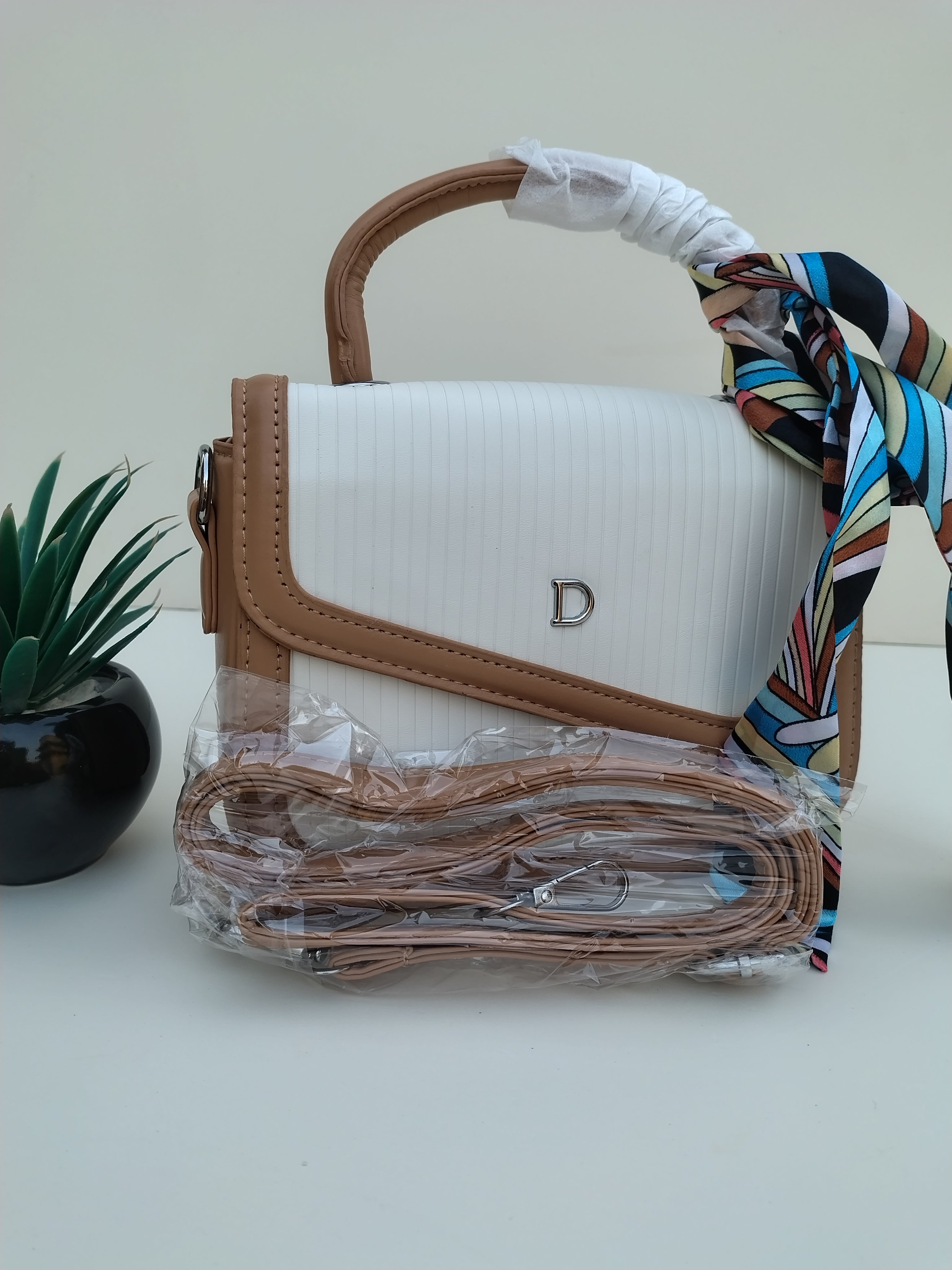 White & Tan “D” Handbag with Colorful Scarf – Asymmetric Flap Design