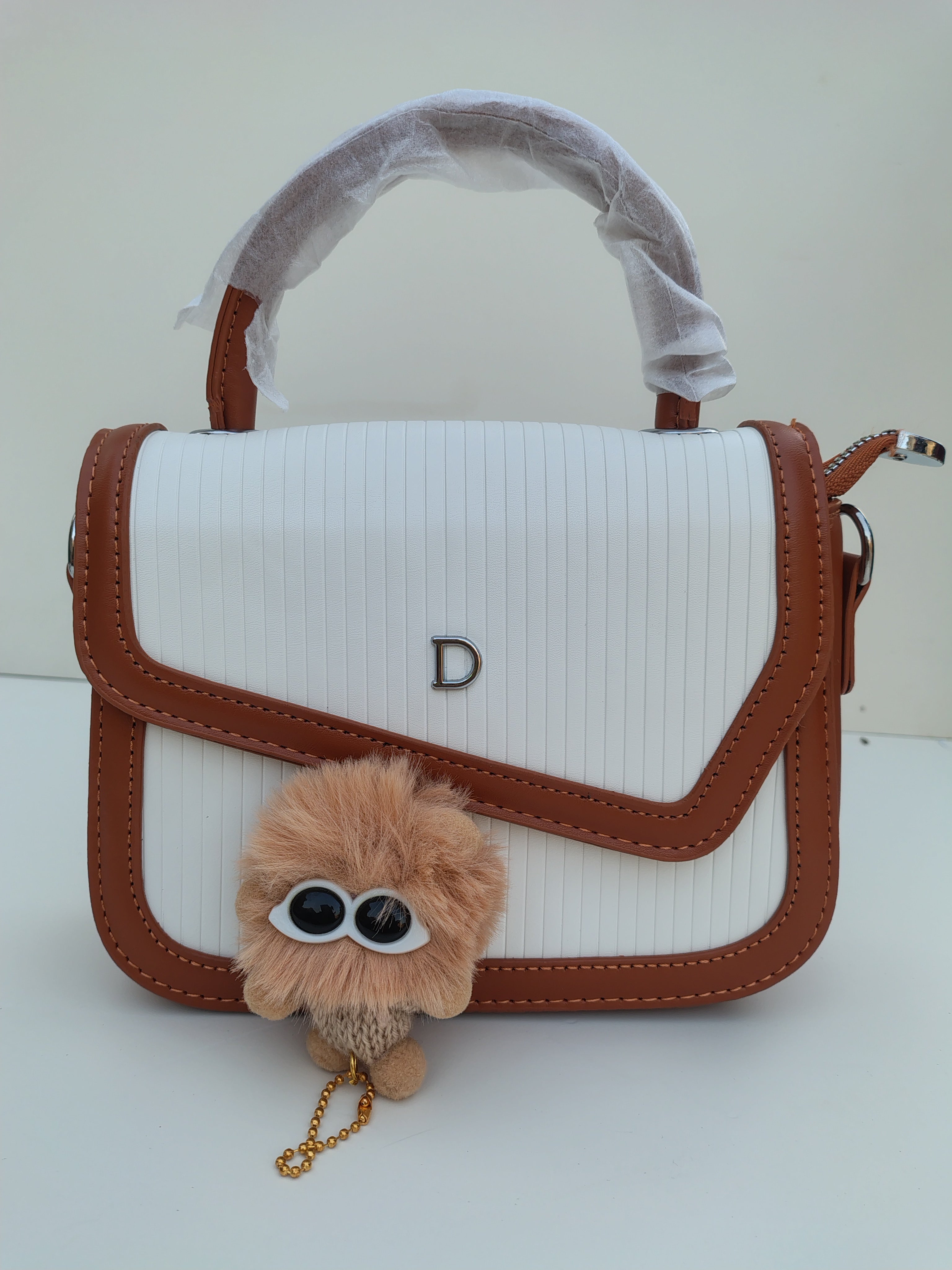 White & Caramel “D” Handbag – Asymmetric Flap with Textured Finish