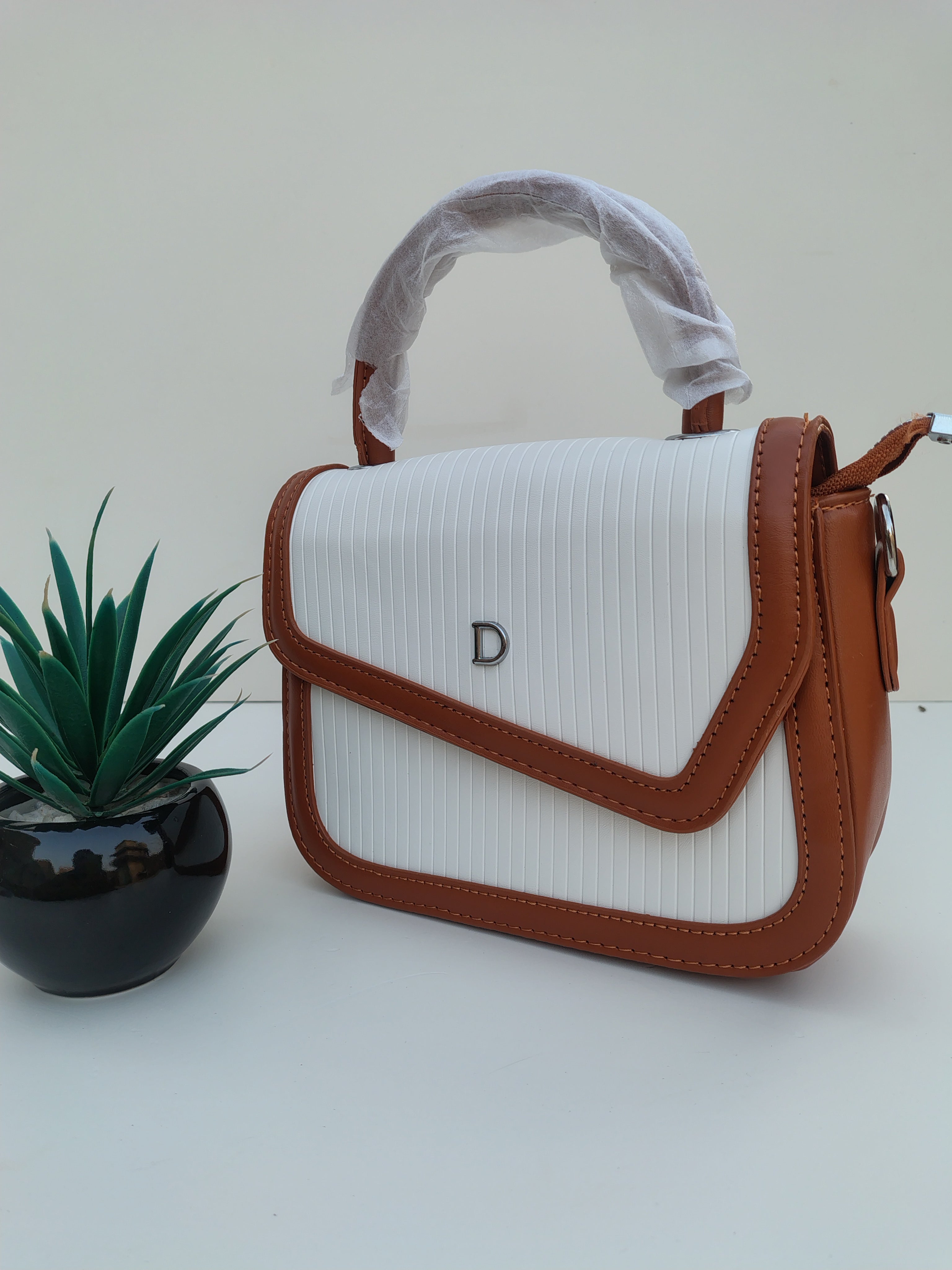 White & Caramel “D” Handbag – Asymmetric Flap with Textured Finish