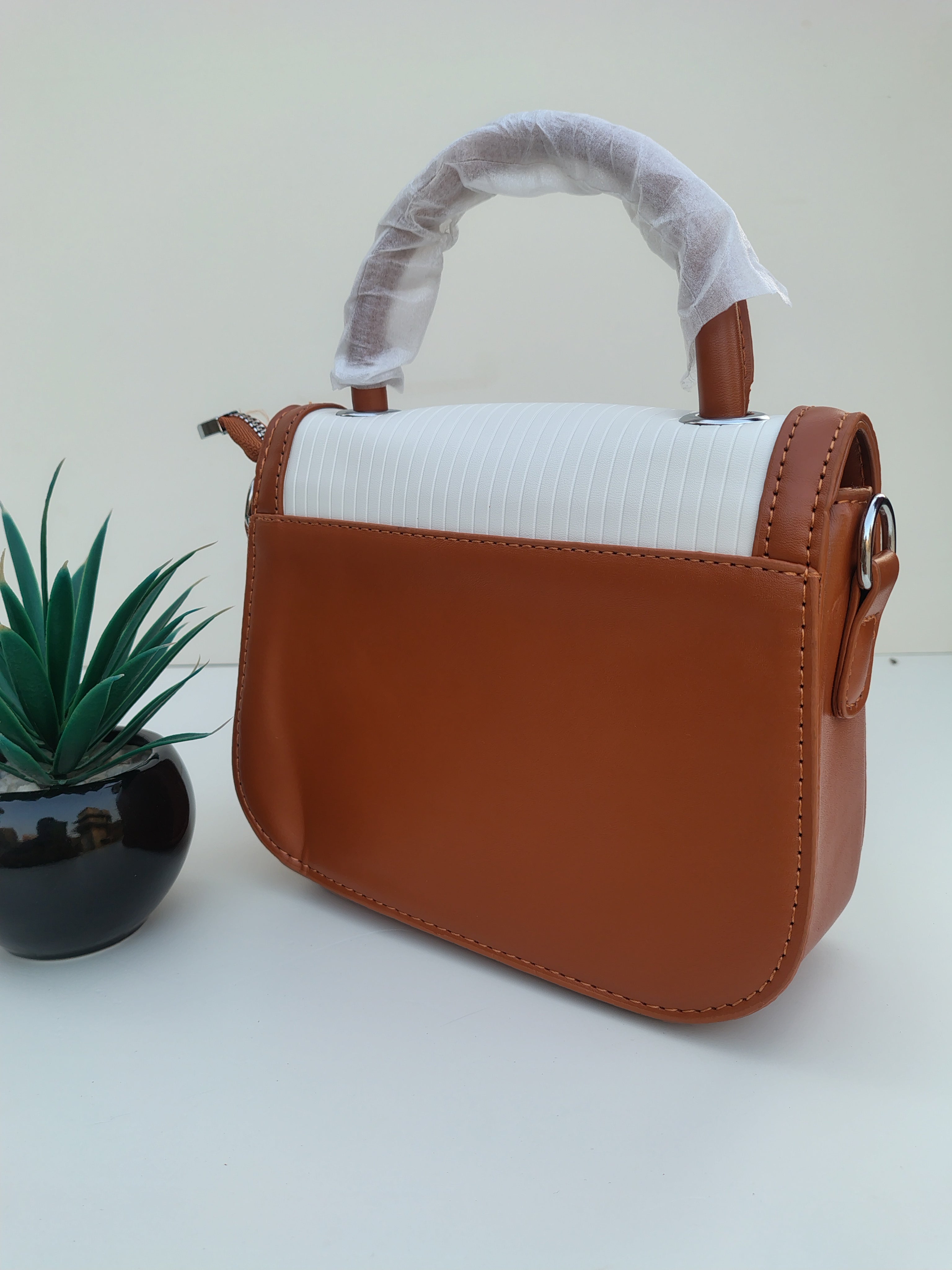 White & Caramel “D” Handbag – Asymmetric Flap with Textured Finish