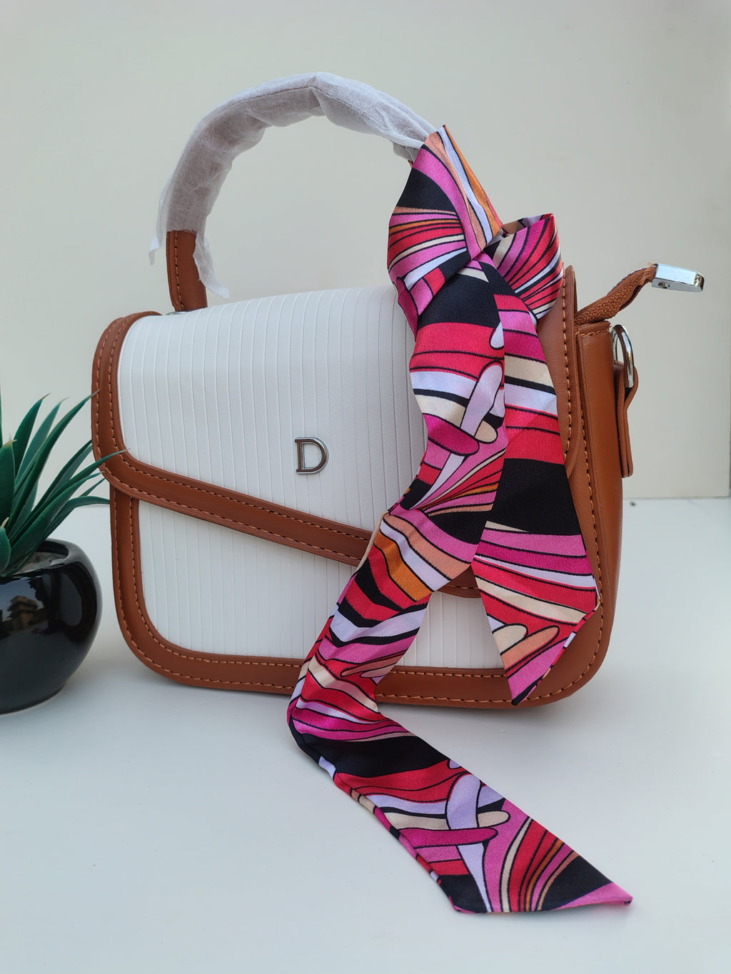 White & Caramel “D” Handbag – Asymmetric Flap with Textured Finish