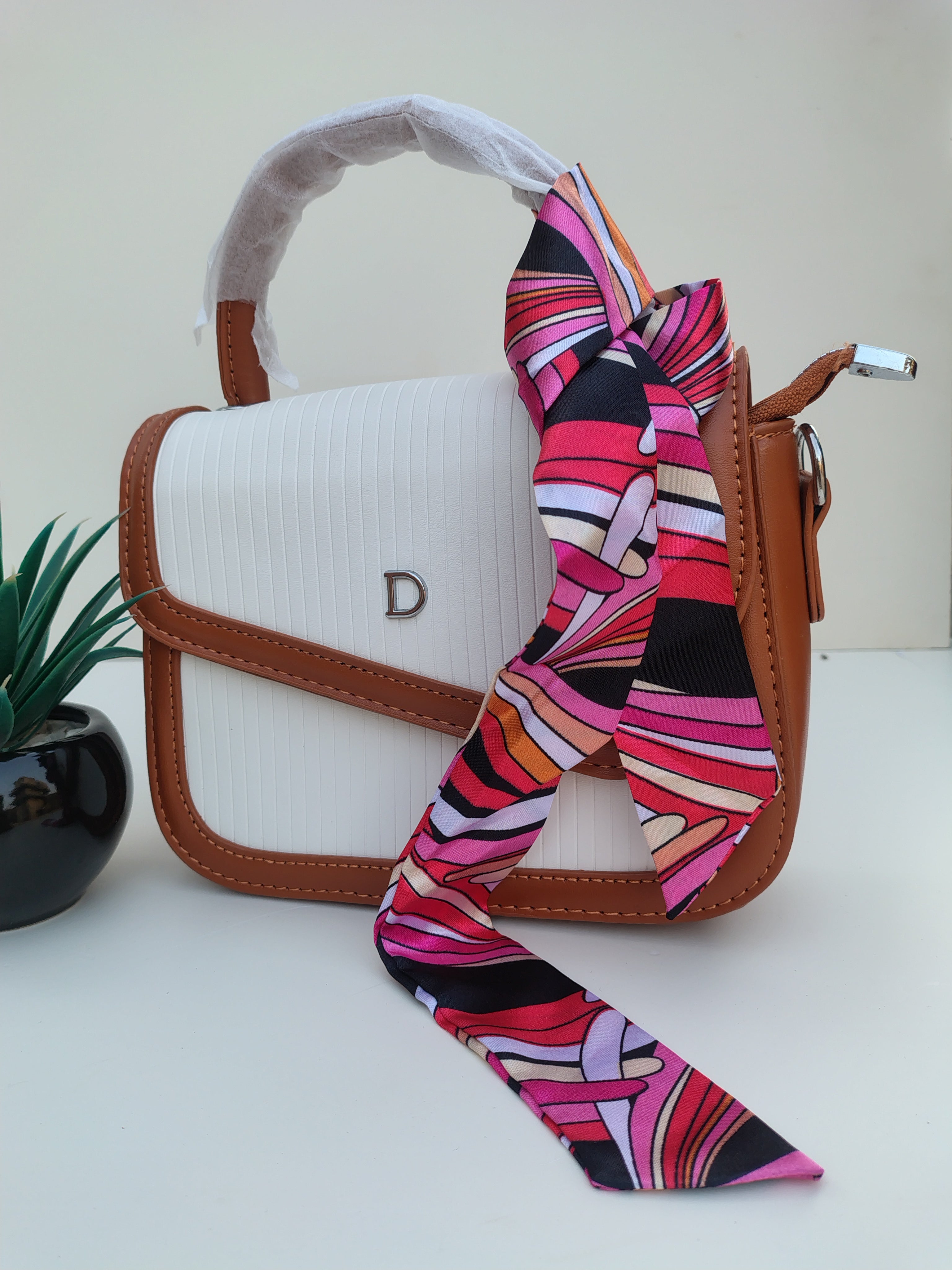 White & Caramel “D” Handbag – Asymmetric Flap with Textured Finish