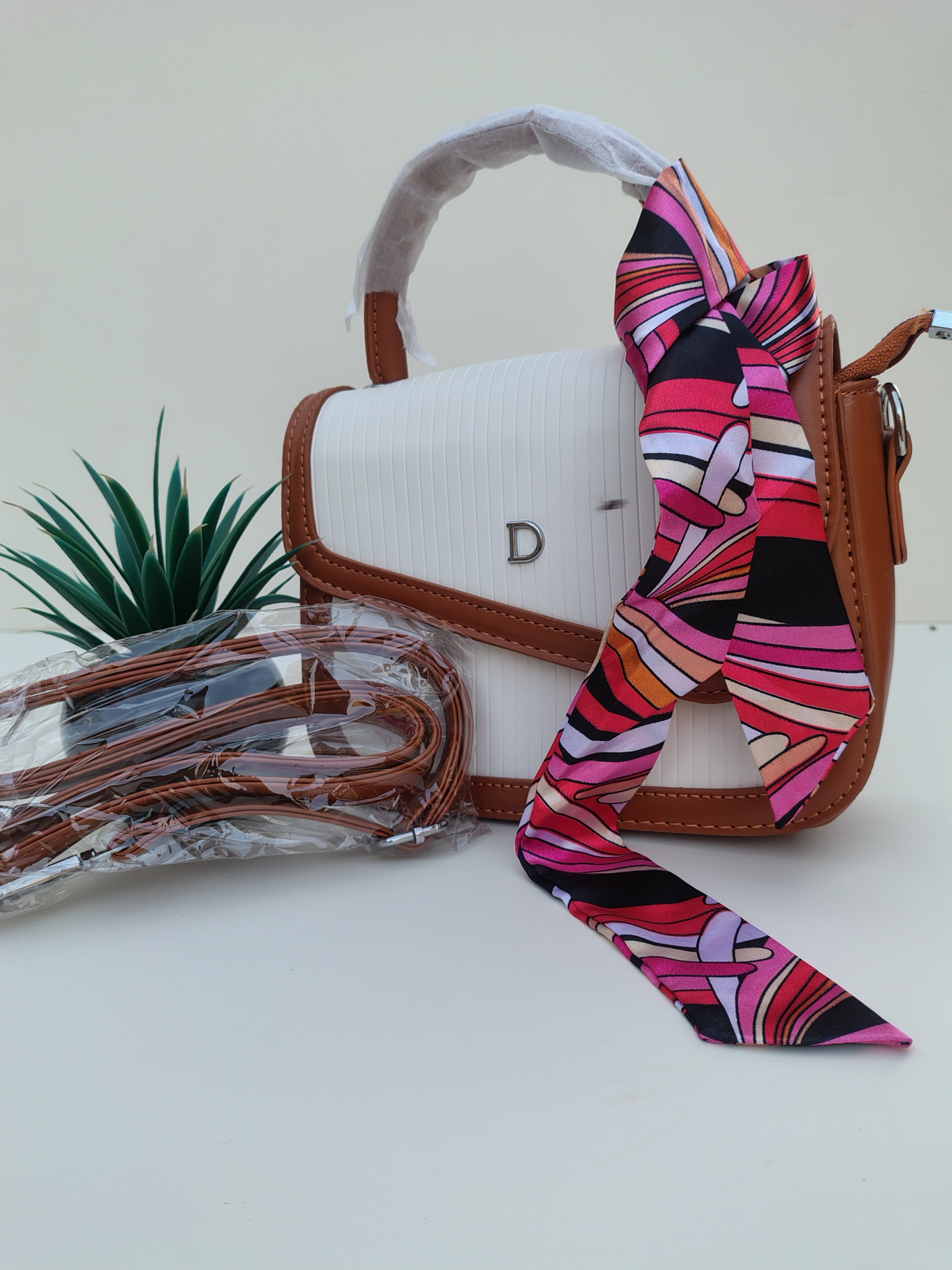 White & Caramel “D” Handbag – Asymmetric Flap with Textured Finish
