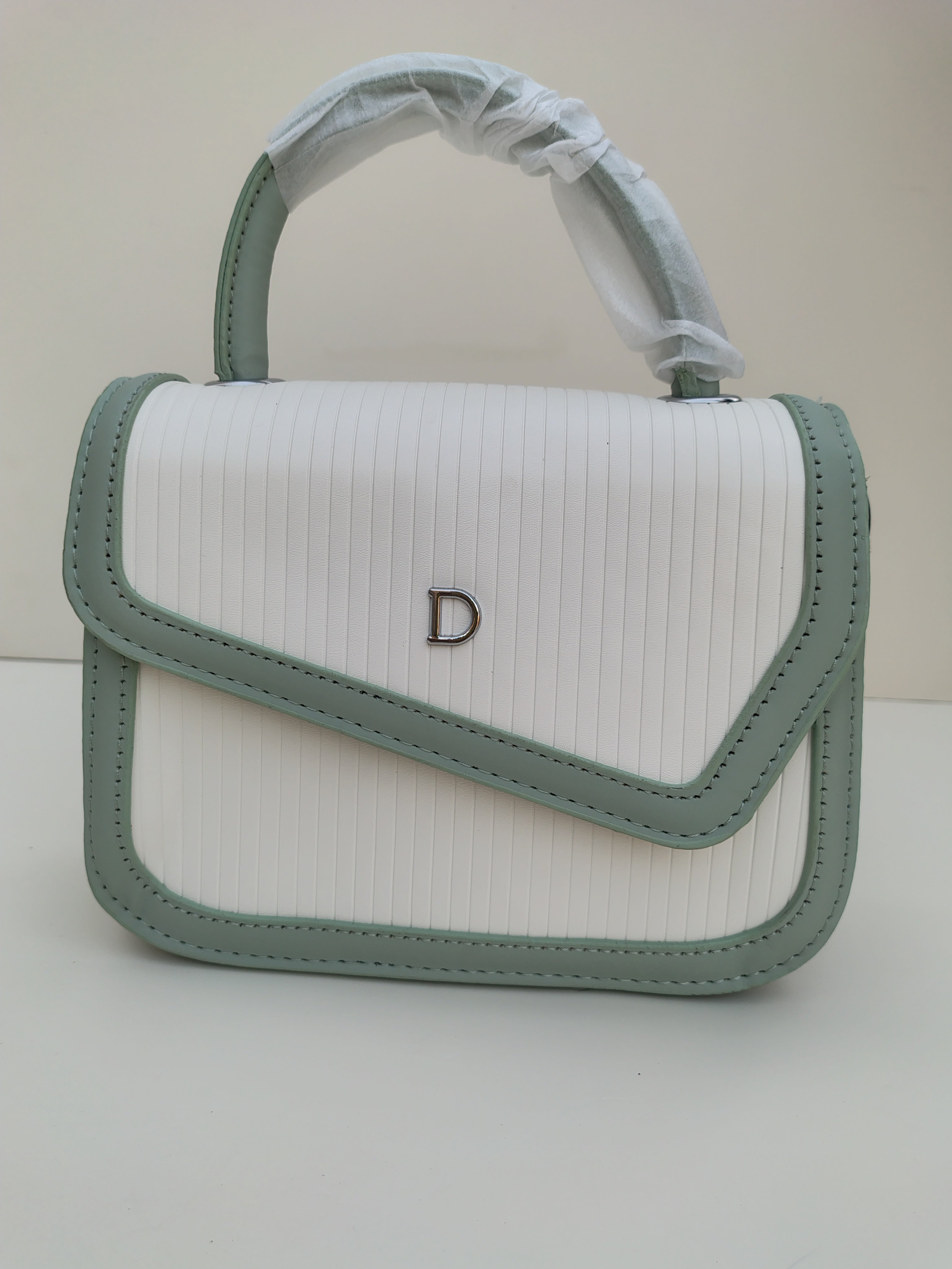 White & Mint Green “D” Handbag – Asymmetric Flap Design