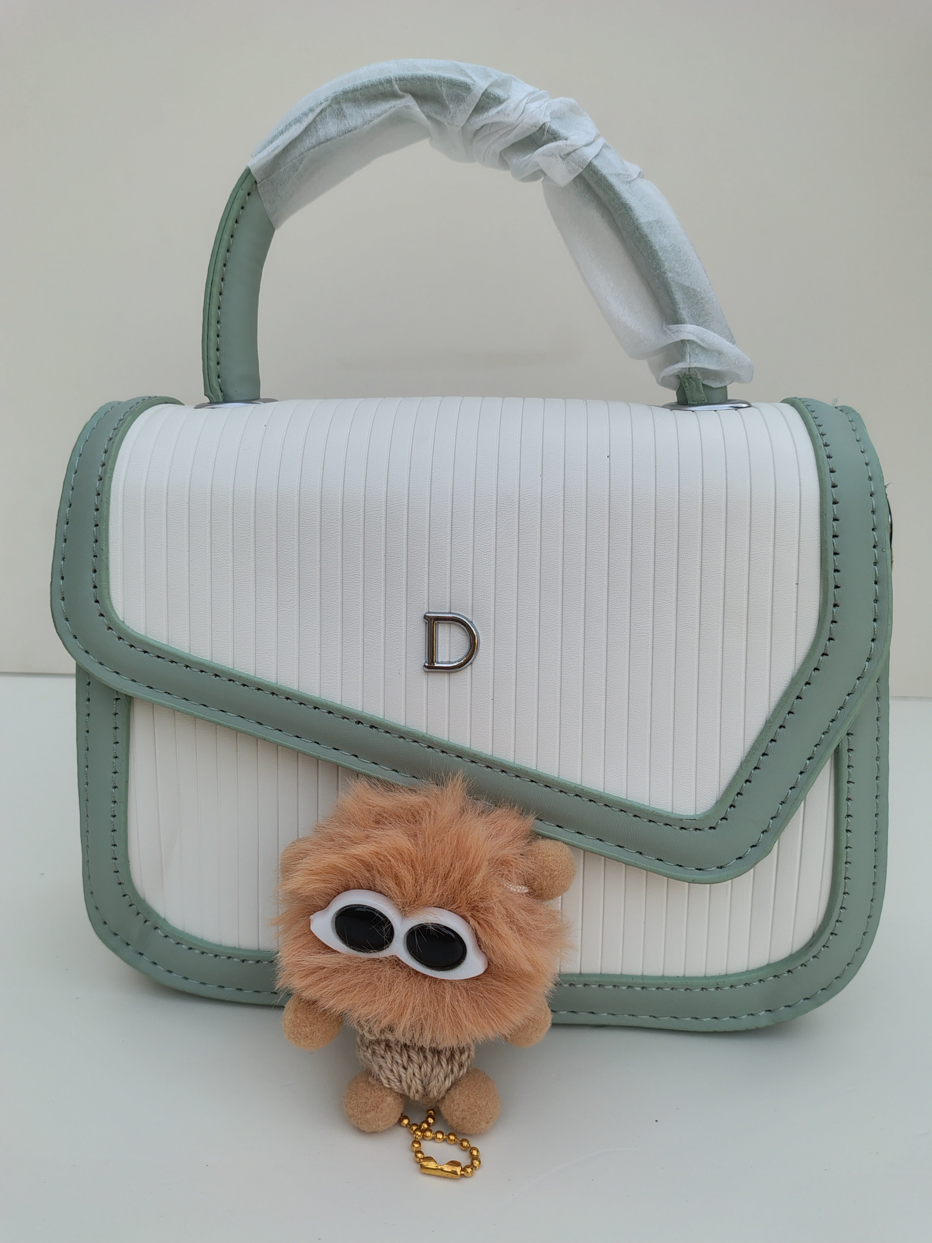 White & Mint Green “D” Handbag – Asymmetric Flap Design