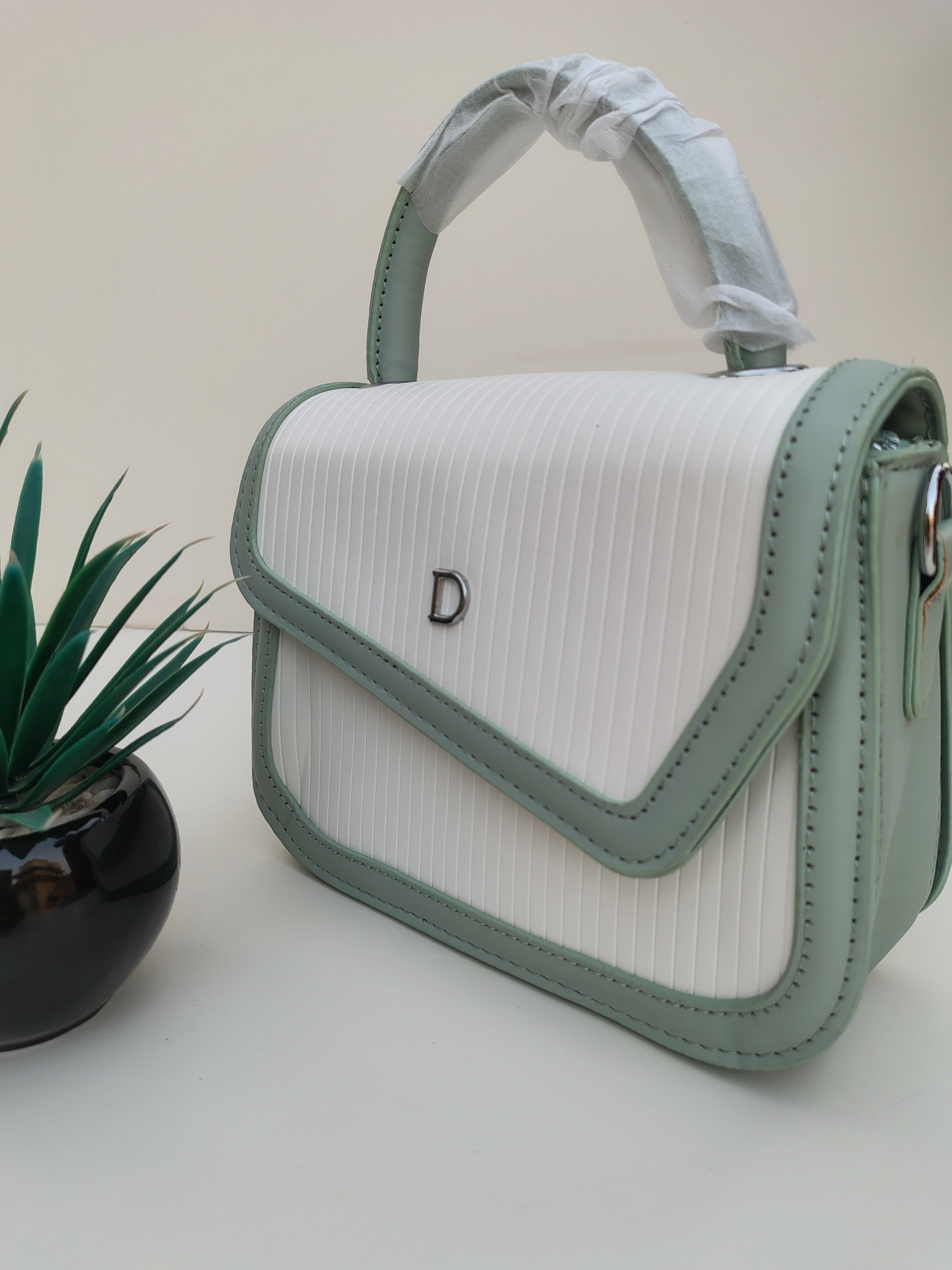 White & Mint Green “D” Handbag – Asymmetric Flap Design