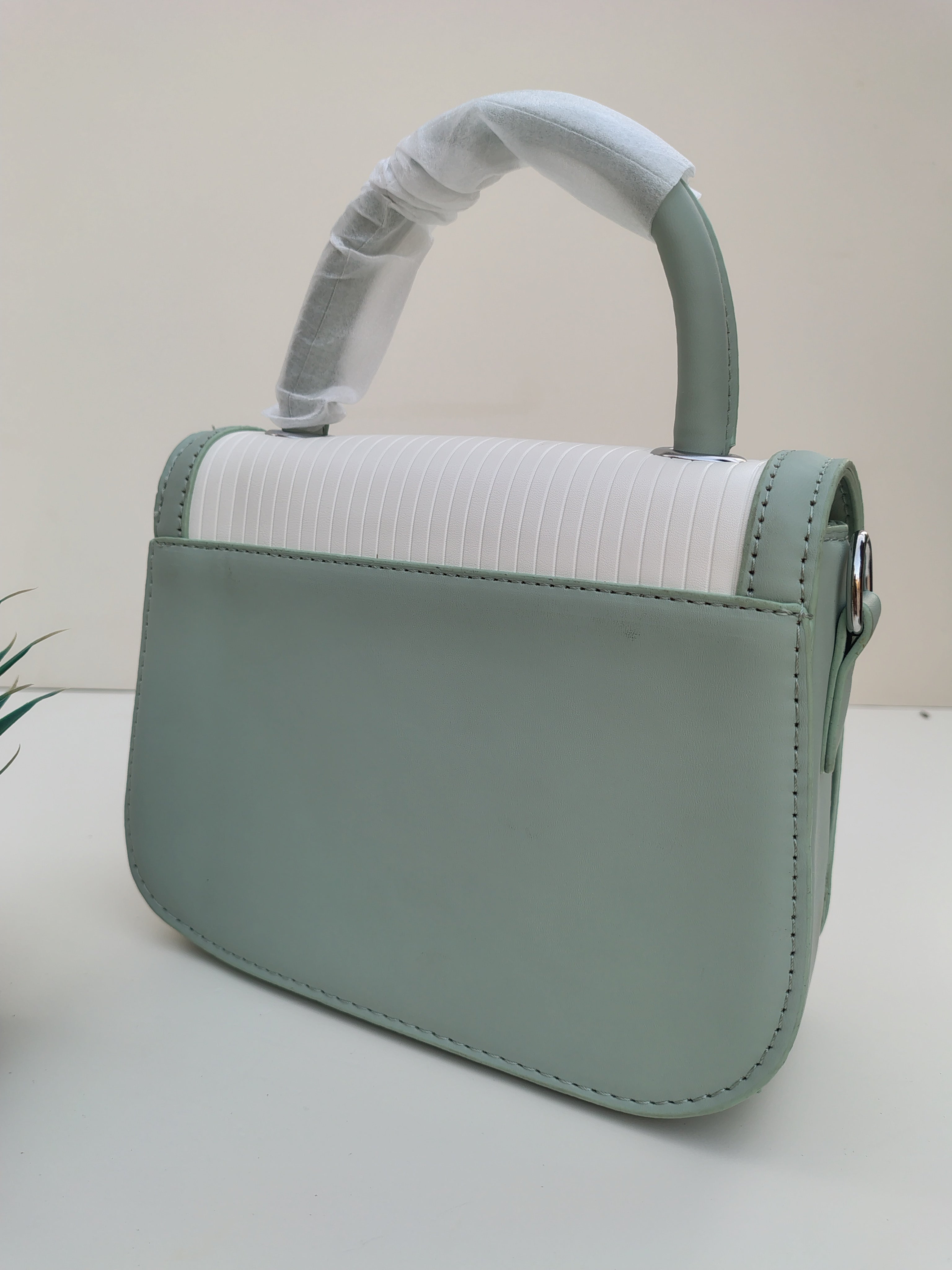 White & Mint Green “D” Handbag – Asymmetric Flap Design