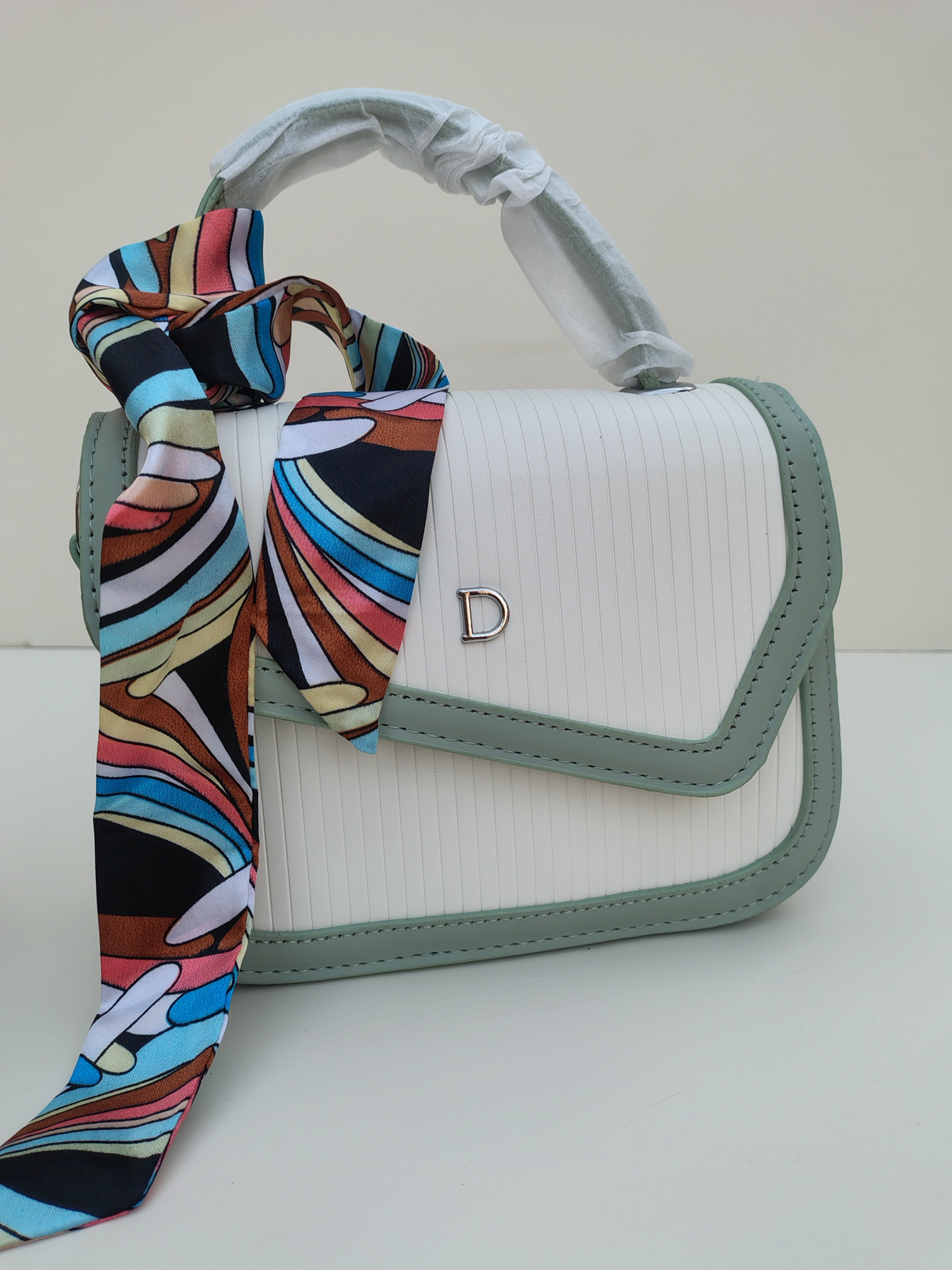 White & Mint Green “D” Handbag – Asymmetric Flap Design