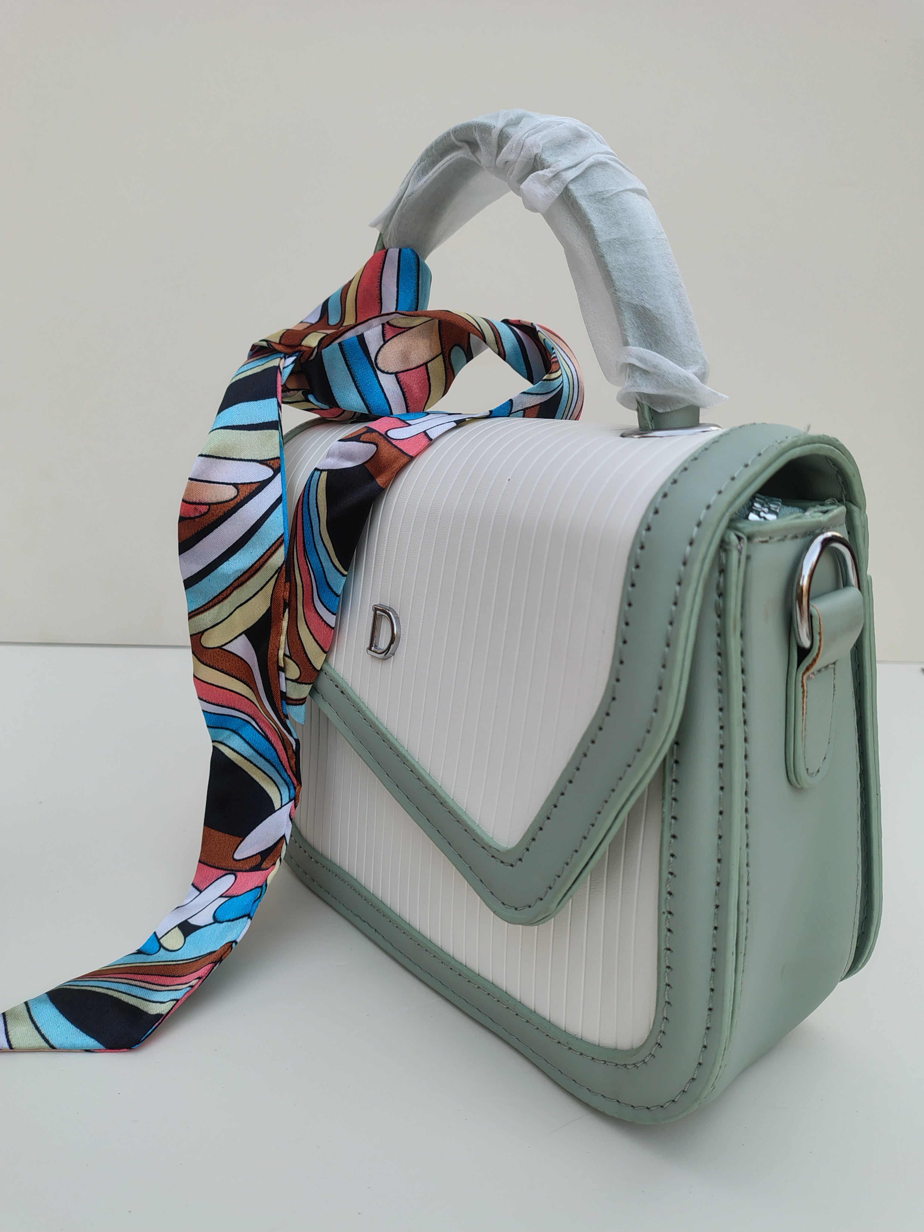 White & Mint Green “D” Handbag – Asymmetric Flap Design