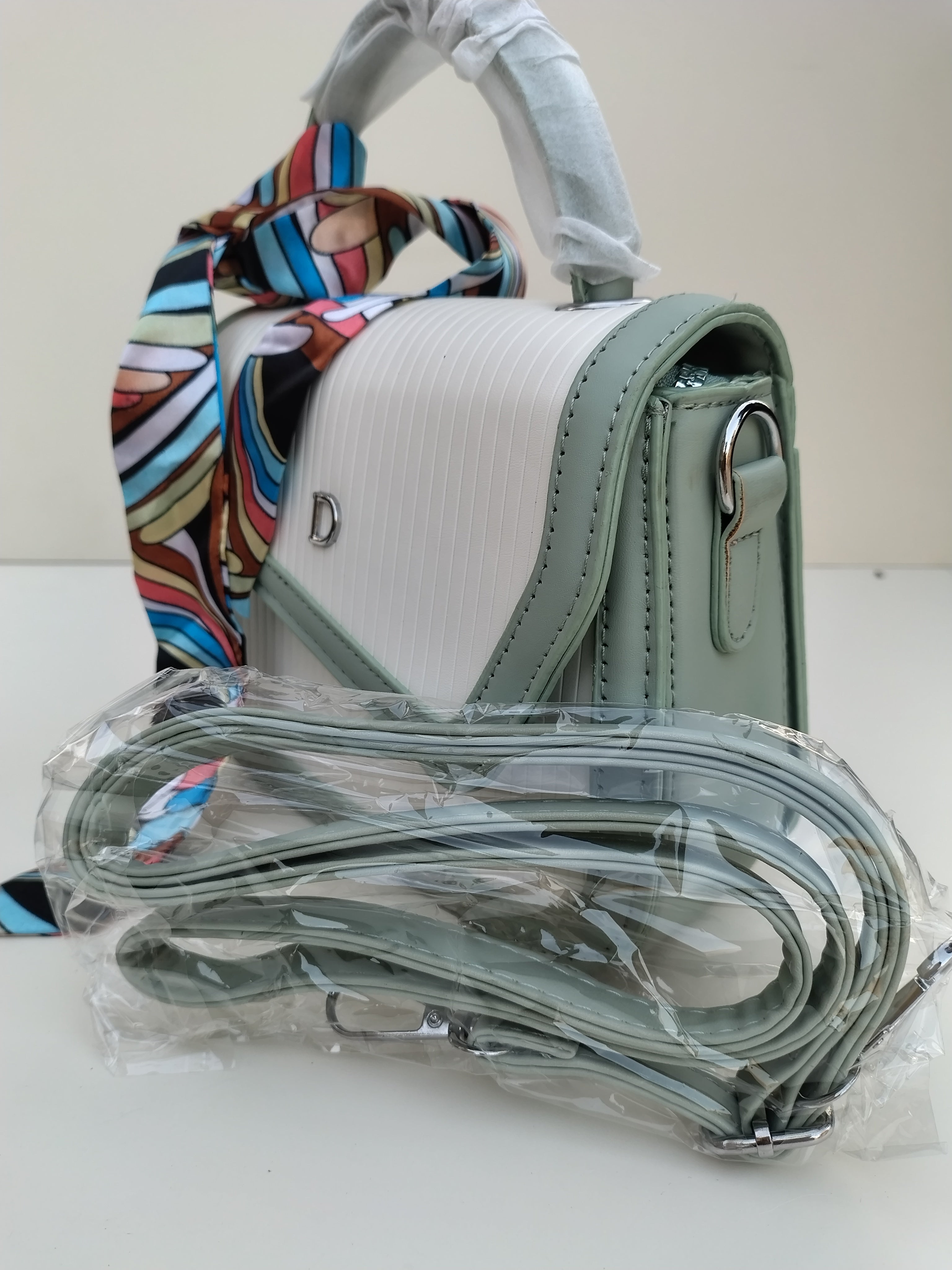 White & Mint Green “D” Handbag – Asymmetric Flap Design