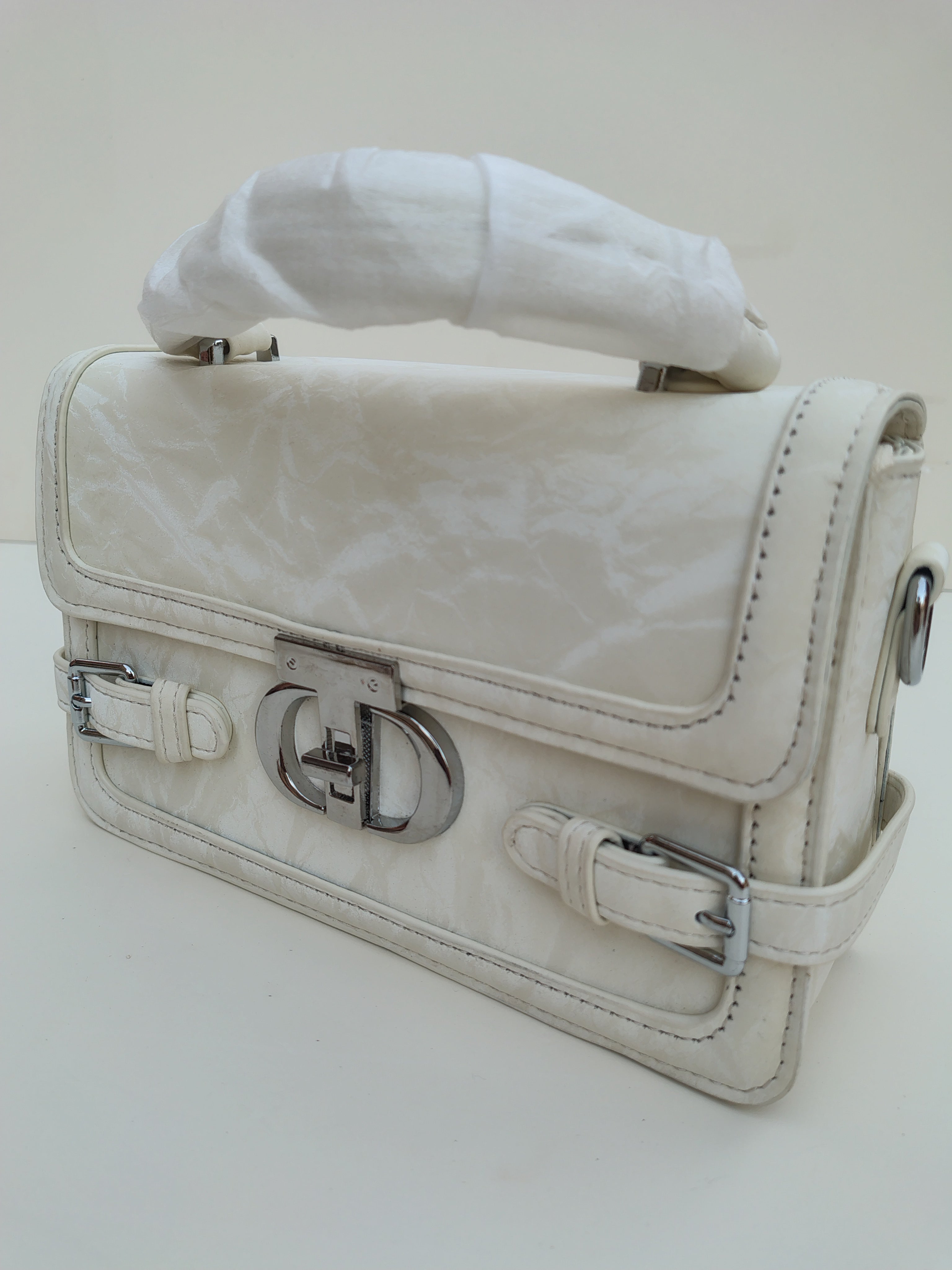 Ivory White Buckle Handbag – Structured Mini Satchel