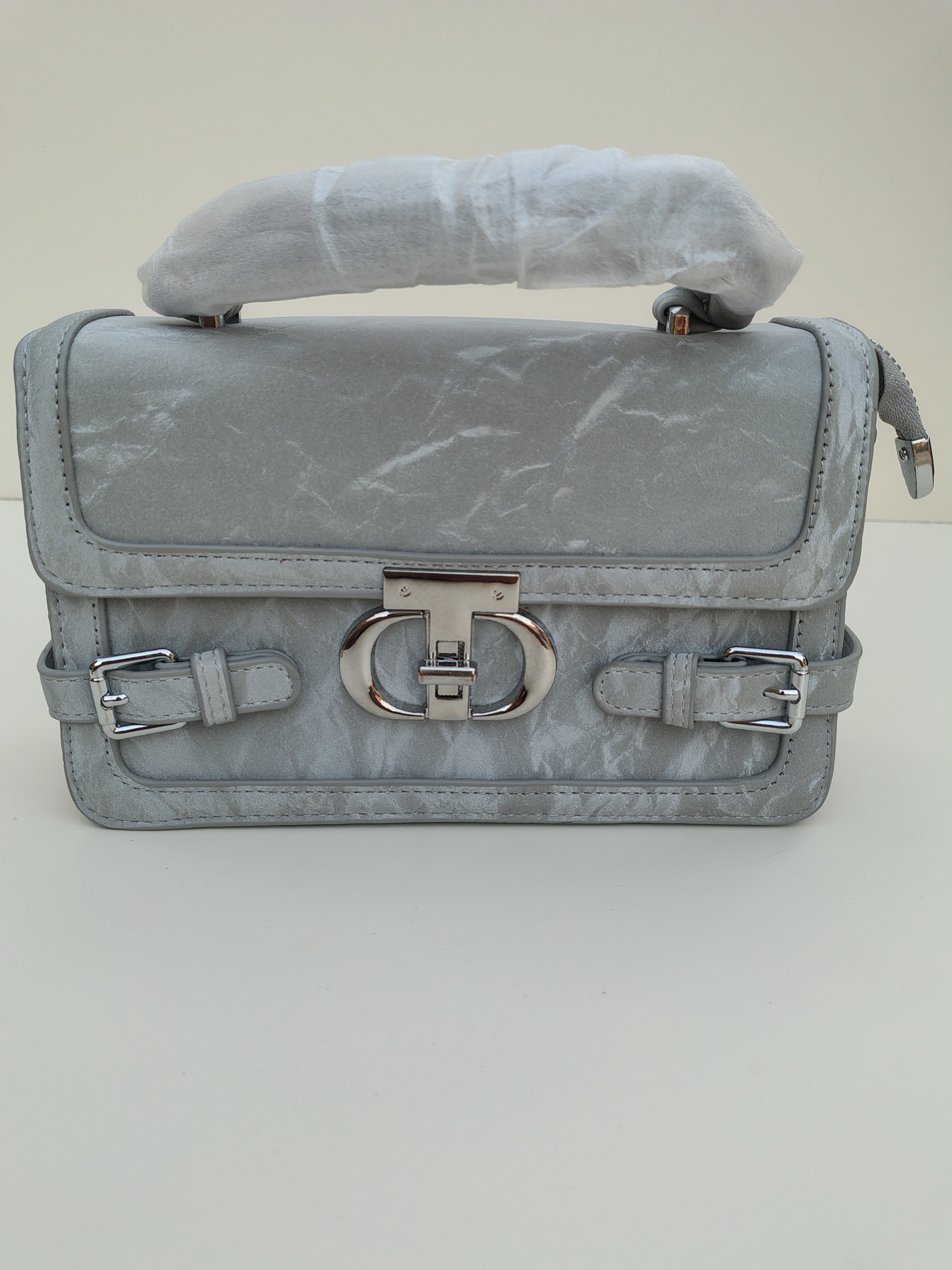 Silver Grey Buckle Handbag – Elegant Structured Mini Satchel