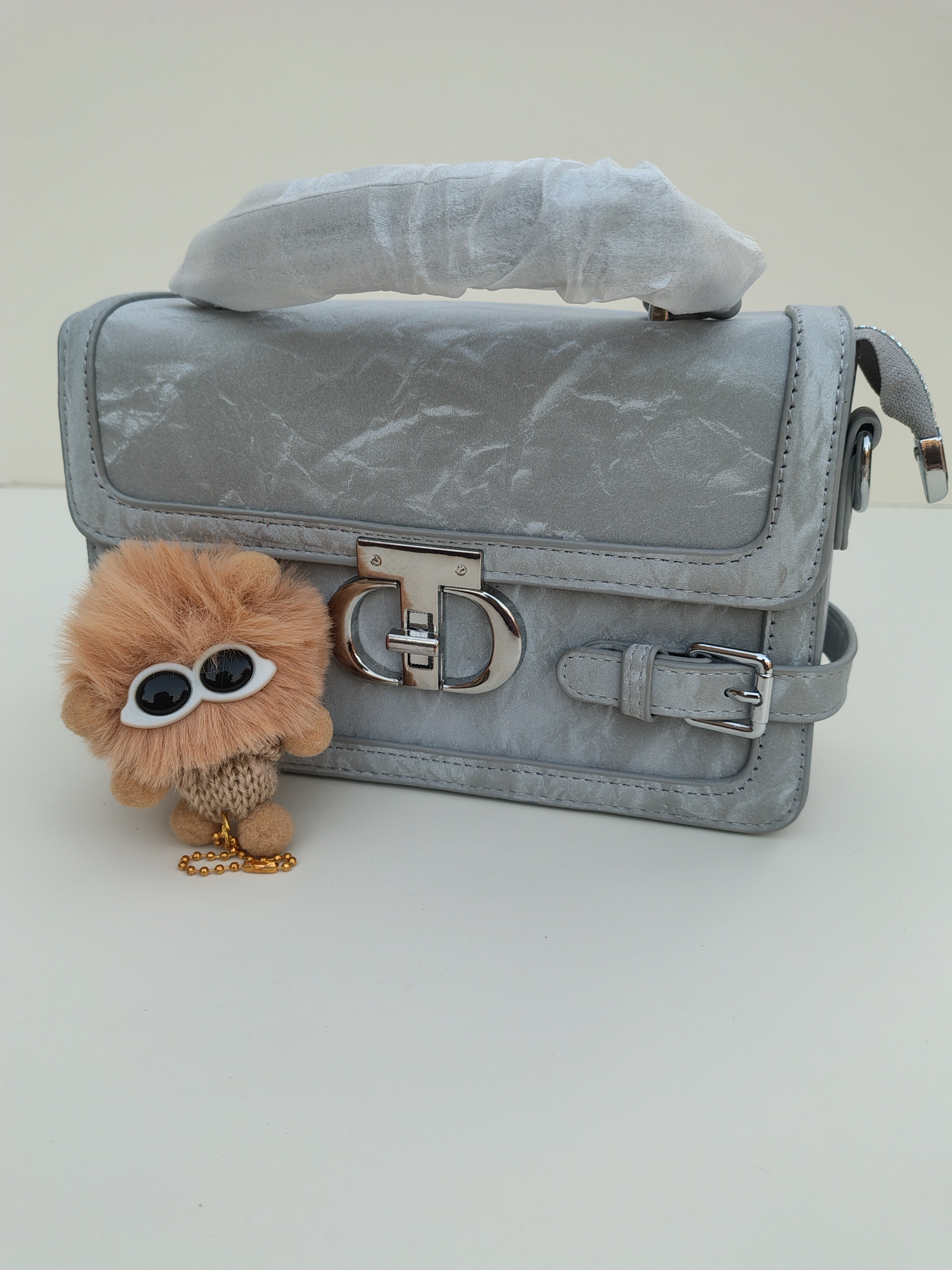 Silver Grey Buckle Handbag – Elegant Structured Mini Satchel