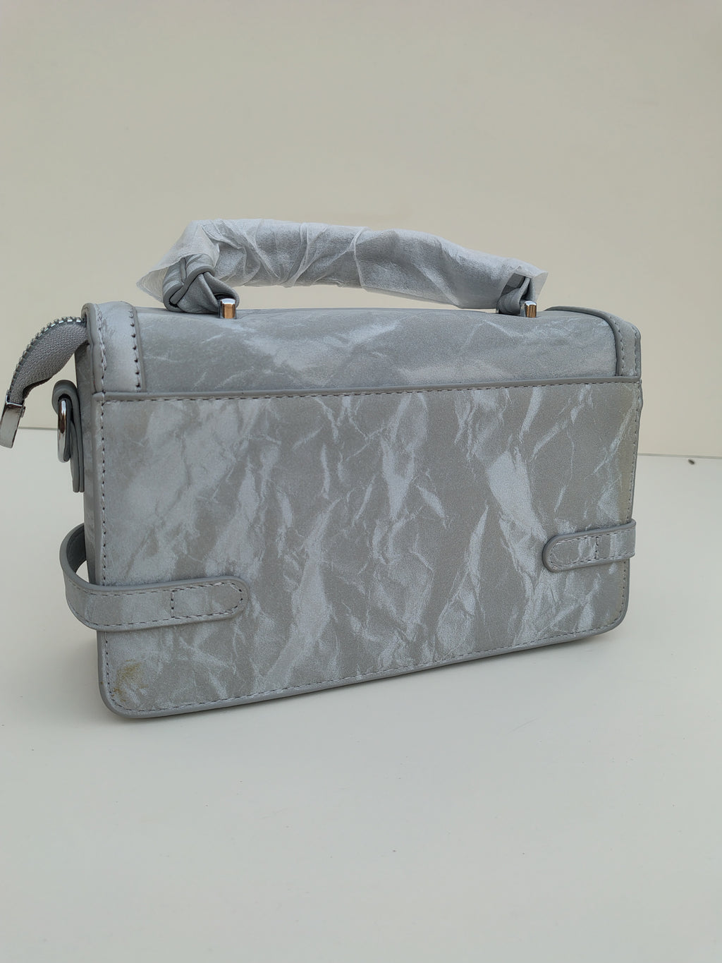 Silver Grey Buckle Handbag – Elegant Structured Mini Satchel