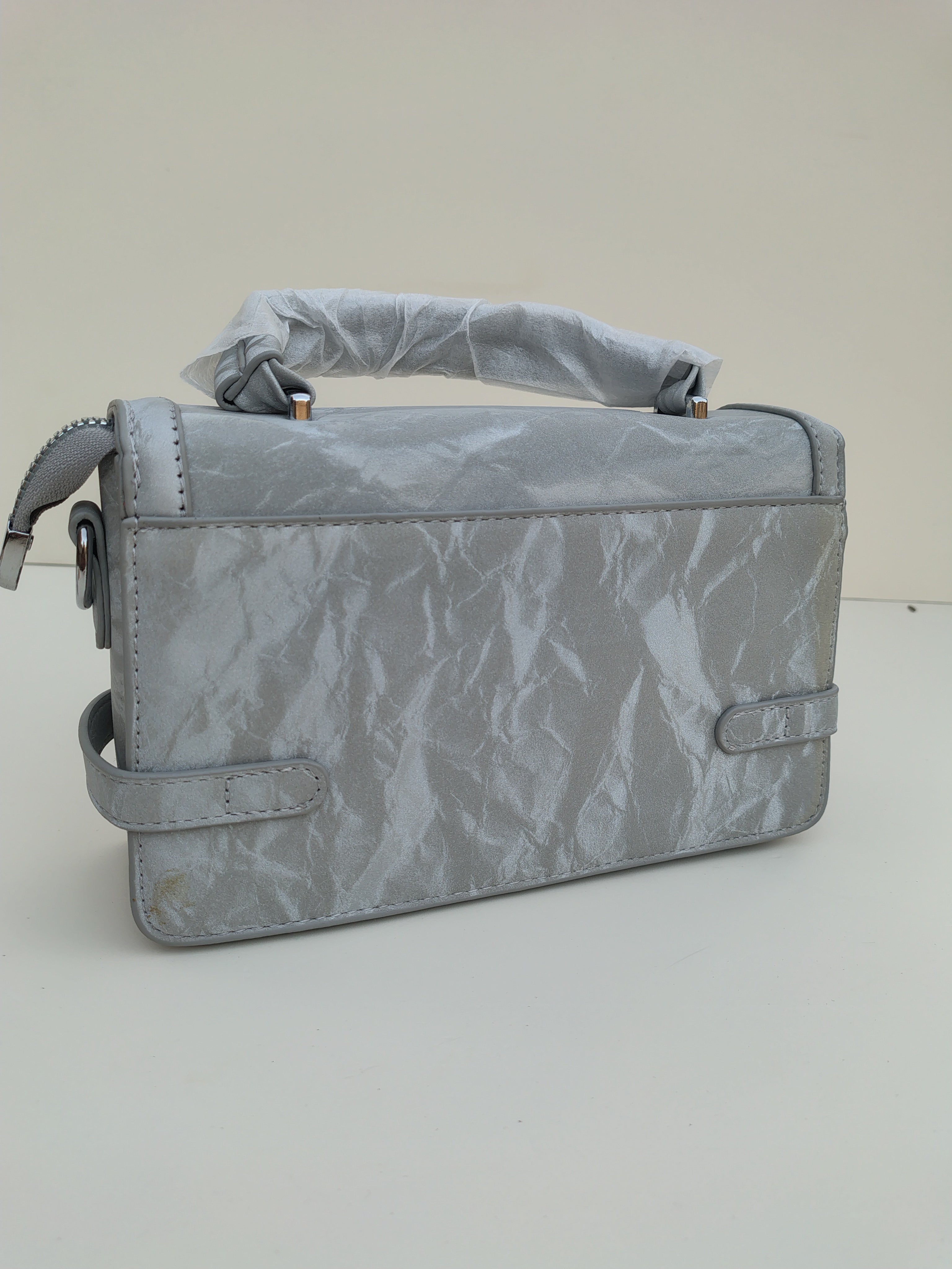 Silver Grey Buckle Handbag – Elegant Structured Mini Satchel