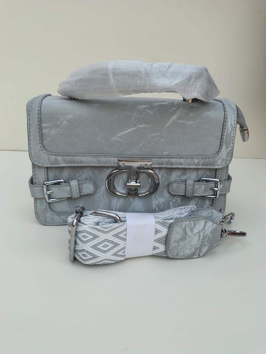 Silver Grey Buckle Handbag – Elegant Structured Mini Satchel